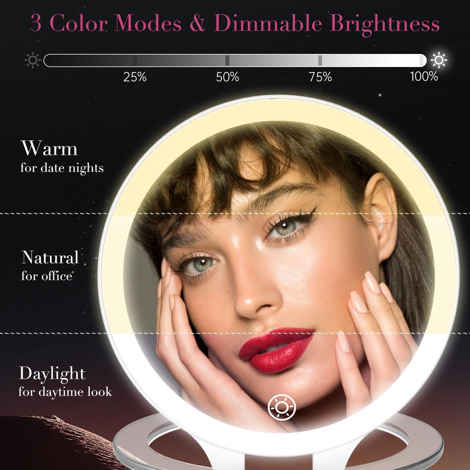 FASCINATE Magnifying Mirror with Light 10X/1X, Double Sided Travel Mirror with Light, Rechargeable Makeup Mirror with 3 Color Setting Adjustable Stand Lighted Mirror Vanity Portable Desk Cosmetic Mirror