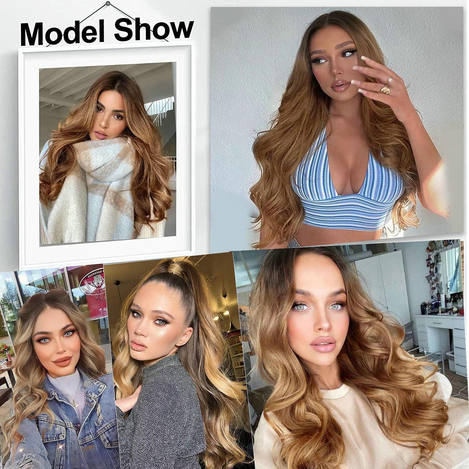 Yinuozhogntian Yinuozhogntian 24\" Brown Blonde Ombre Natural Color Wig Long Wave Hear Resistant Hair Synthetic Lace Front Wigs for Women Party Cosplay Festival Holidays Natural Hairline Wigs Drag Queen