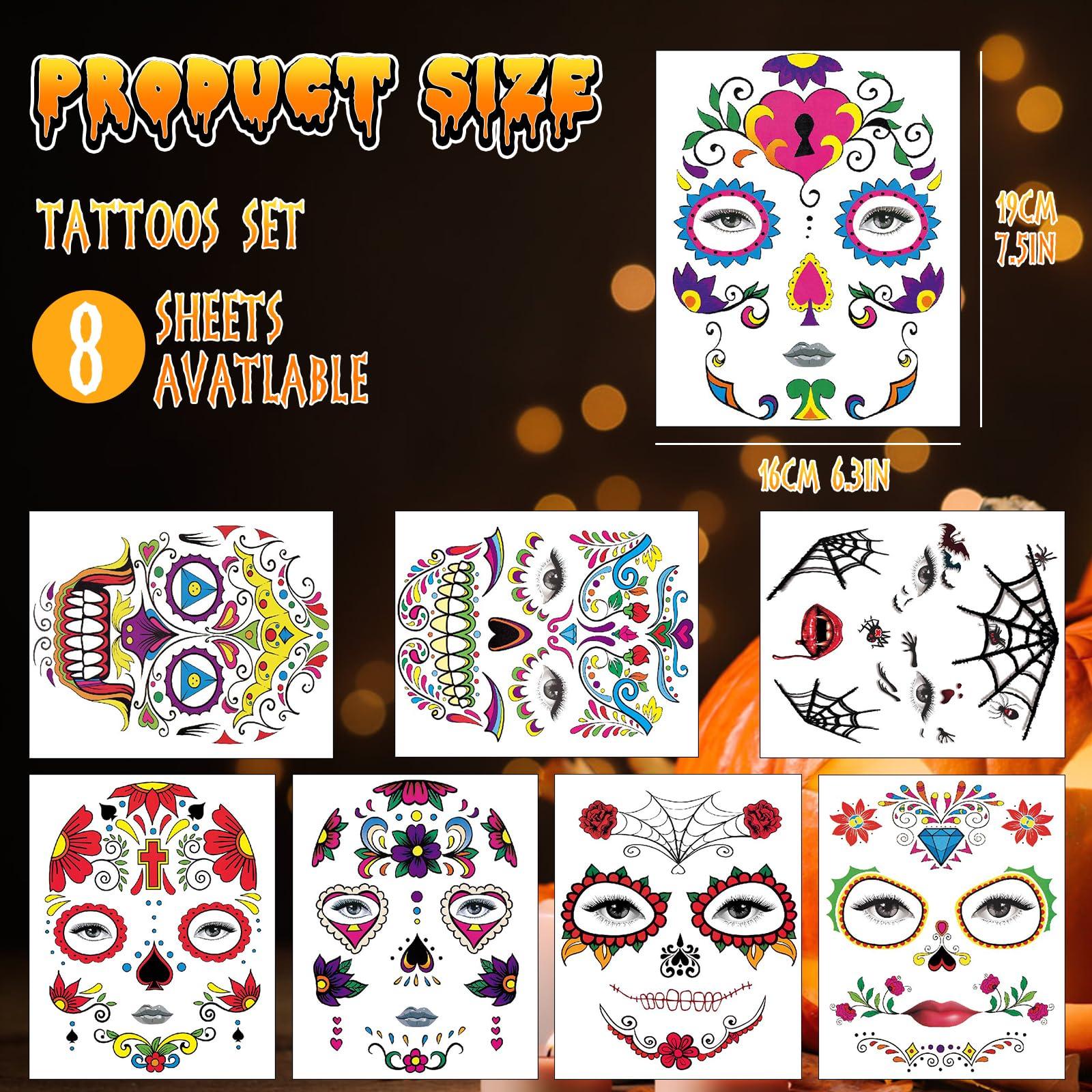 ARPOVIST 8 Sheets Temporary Face Tattoo,Temporary Sugar Skull Face Stickers,Halloween tattoos,Day of the Dead Face Tattoos,Face & Body Tattoos Waterproof Makeup Tattoo Stickers for Halloween Party Makeup