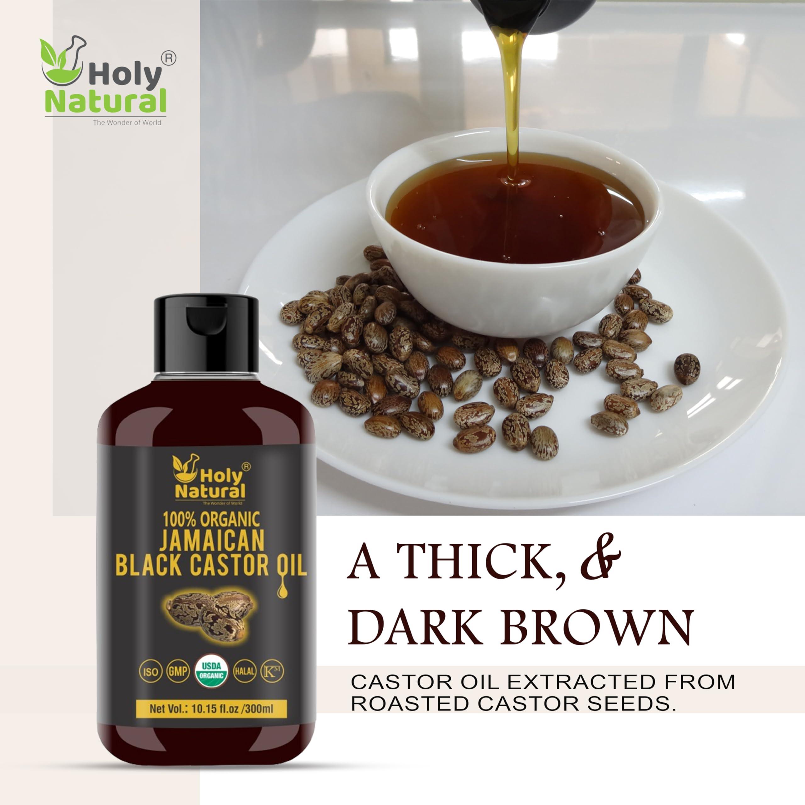 Holy Natural - The Wonder of World Organic Jamaican black Castor Oil (10.15 fl oz) USDA Certified, Traditional Handmade with Typical and Traditional roasted castor beans smell ,100% Pure black Castor Oil (No Additive, Non GMO)