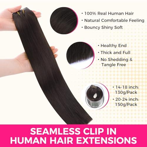 Lashey Lashey Seamless Clip in Hair Extensions Human Hair 130g 9pcs #2 Dark Brown Straight 14 Inch Clip in Hair Extensions for Women Hair Extensions with PU Soft Invisi Edge