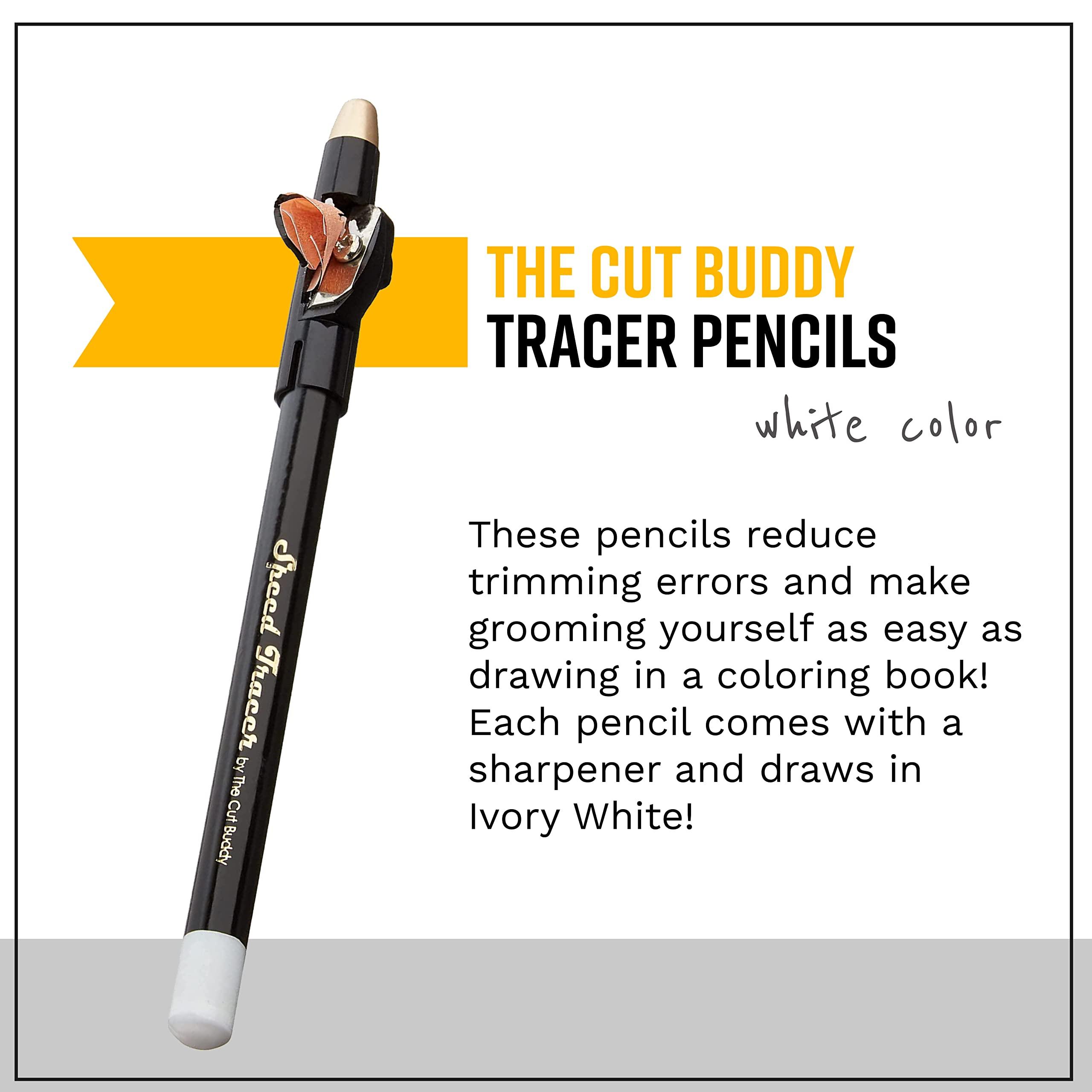 The Cut Buddy White Speed Tracer Barber Pencil 4 Pack + Sharpener, Outline Beard Before Trimming for Shaping Tools, Guides, Hair Trimmer, & Shaver, Cut Buddy
