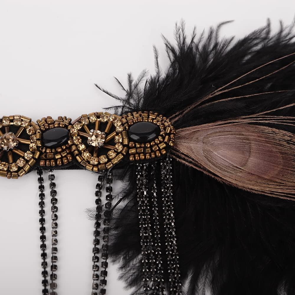 Aimimier Aimimier 1920s Flapper Feather Headband Crystal Tassel Black Headpiece with Beaded Elastic Head Chain Masquerade Hair Accessories for Women
