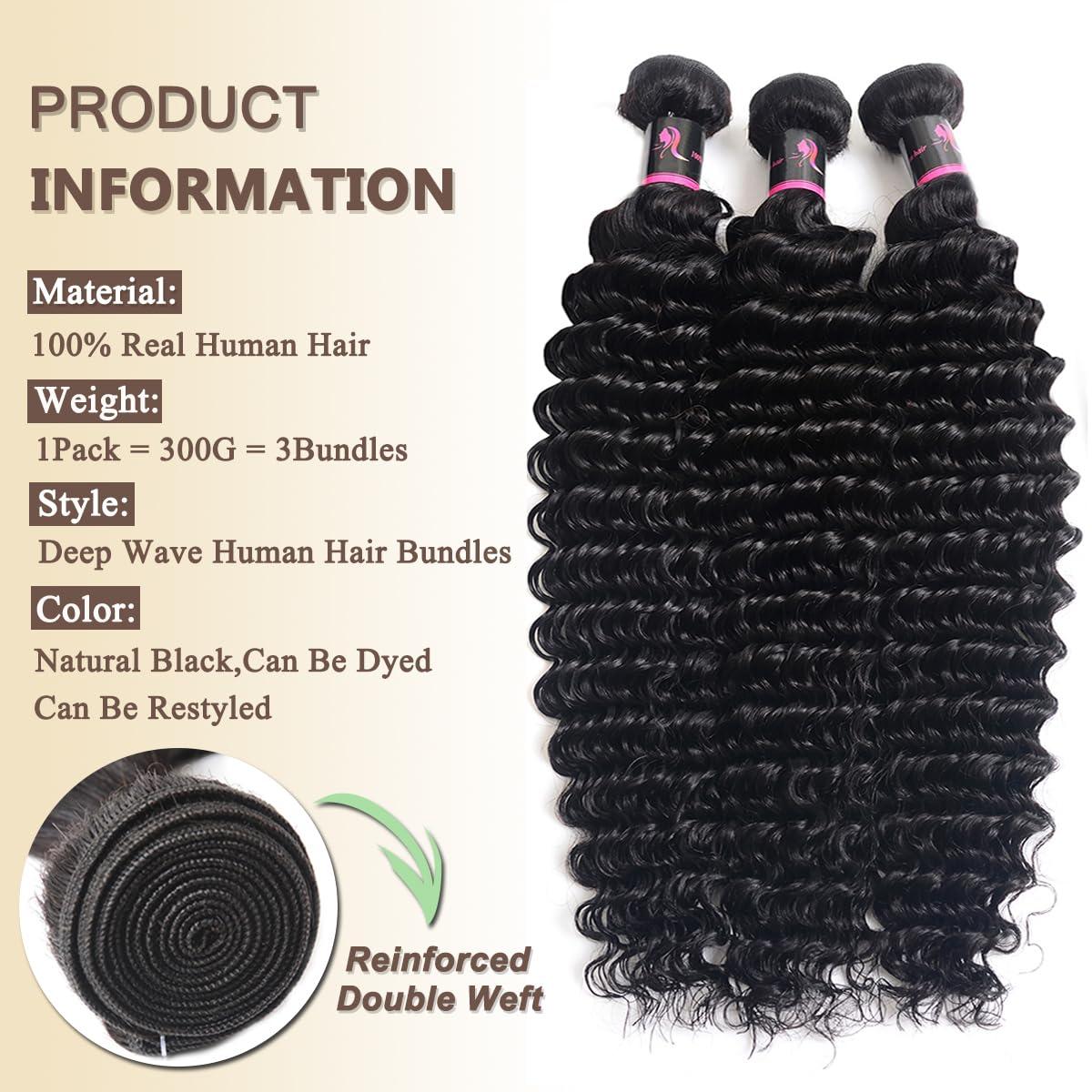 beauty youth Beauty Youth Deep Curly Human Hair 3 Bundles(16 14 12inch)100% Unprocessed Brazilian Virgin Deep Wave Hair Weave 3 Bundles Human Hair Deep Curly Hair Extensions Natural Color