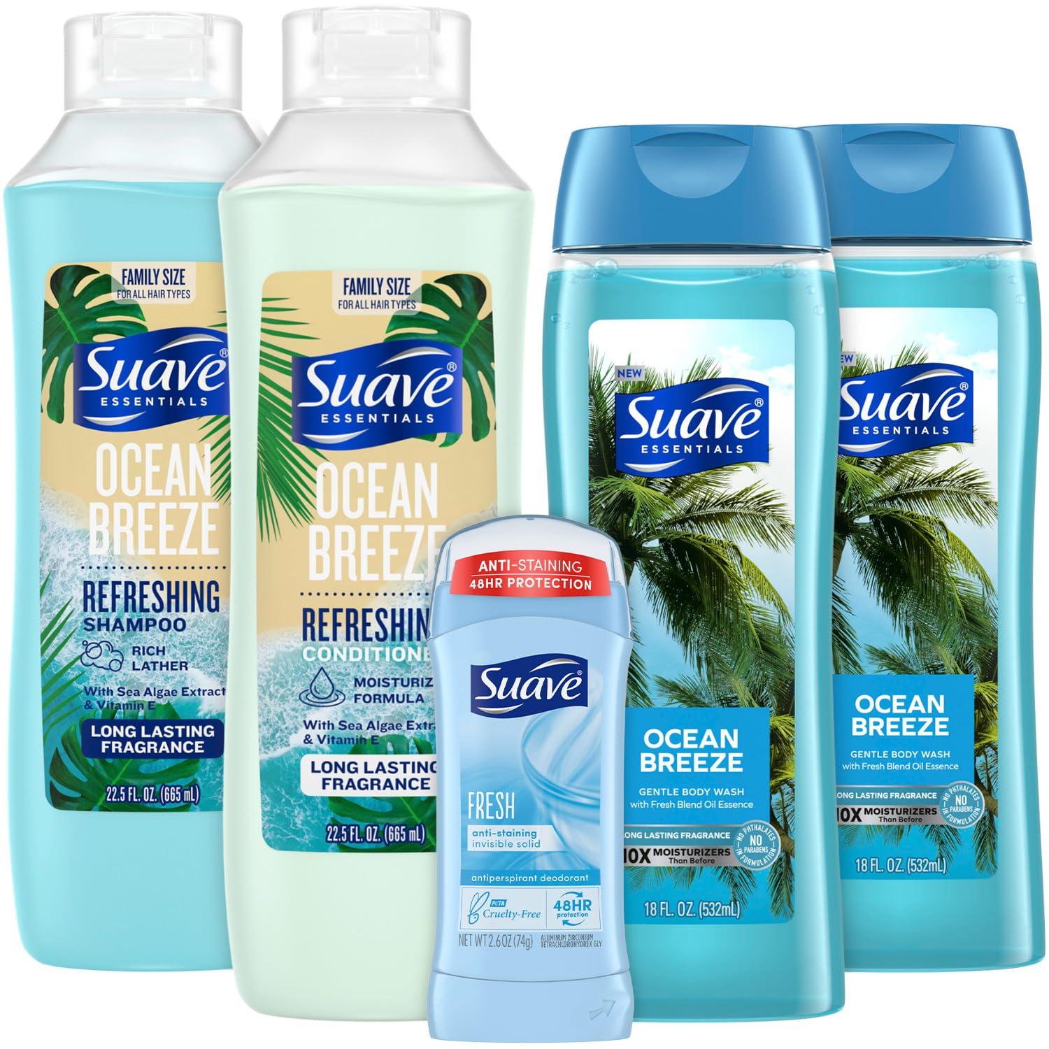 Suave Suave Body Wash 2-Pack, Shampoo & Conditioner, Ocean Breeze + Fresh Antiperspirant Deodorant for Women (5 Piece Set)