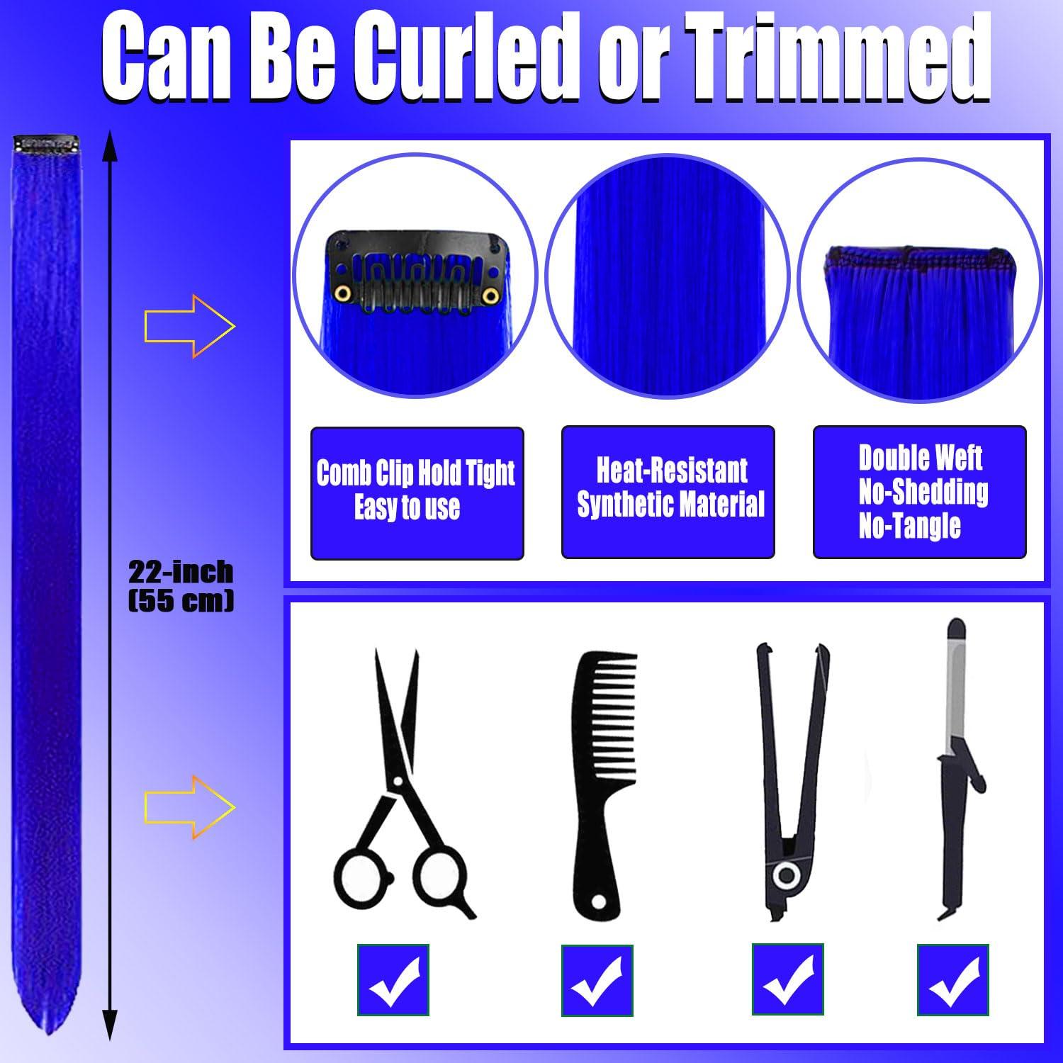 Olldag 12 PCS Blue Hair Extensions Clip in, 20 Inch Colored Hair Extensions Party Highlights Long Straight Synthetic Hairpieces for Women Kids Girls