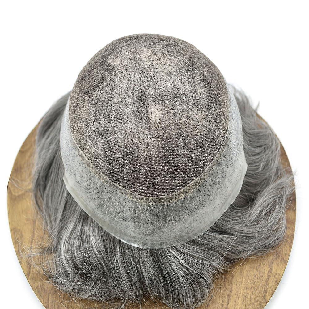 Hair Wonders Hair Wonders Toupee For Men Hair Replacement System Real Human Hair Piece For Men Swiss Lace Mens Toupee Hair Pieces Hair System For Men6x8 Medium light density #1B60 1B# OFF BLACK+60% GREY