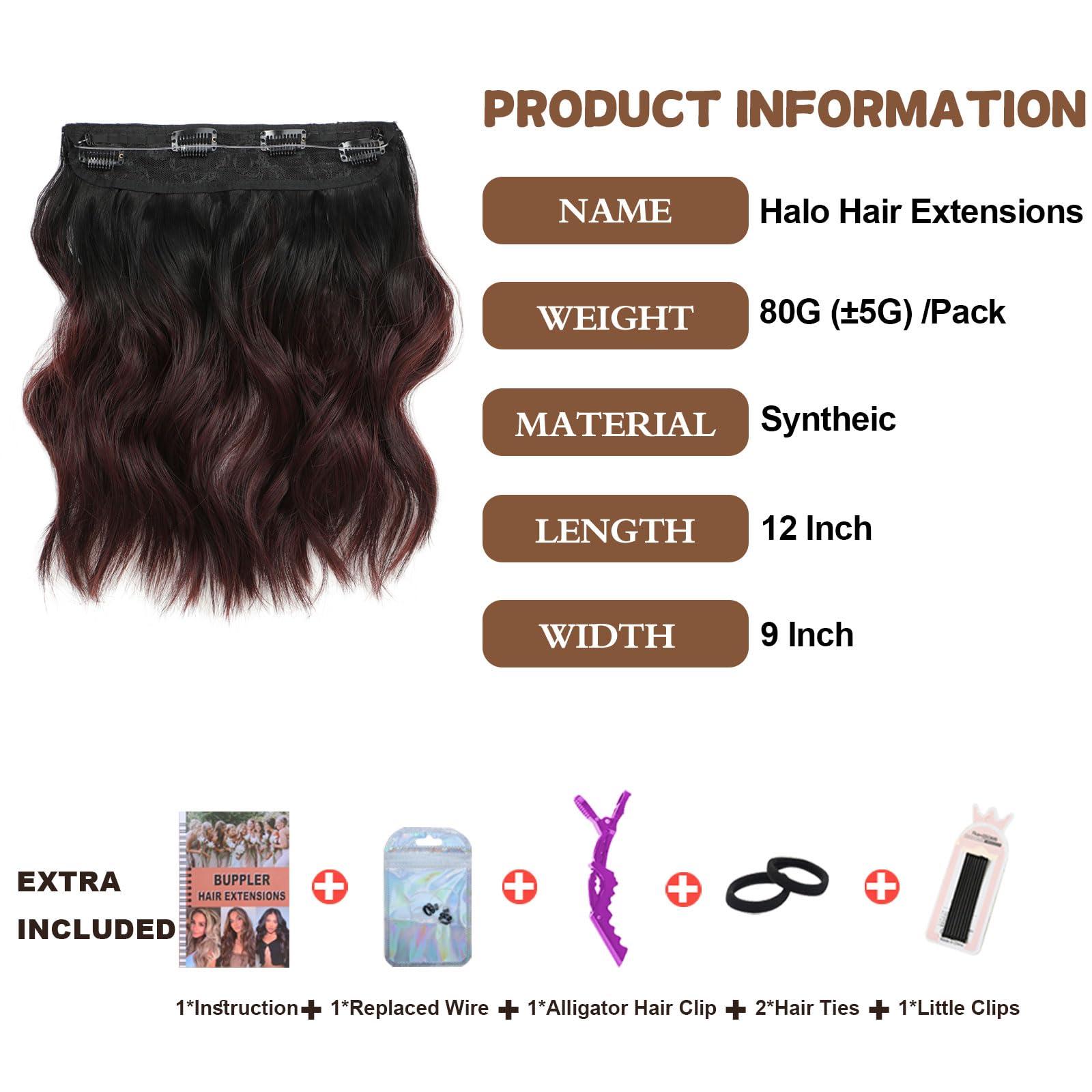 BUPPLER BUPPLER Halo Hair Extensions 12 Inch Invisible Wire Hair Extensions Adjustable Long Wavy Hair Extensions Synthetic Upgrade 4 Secure Clips in Hairpieces 12 Inch, Black to Burgundy