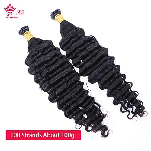 Queen Hair Queen Hair Products Deep Wave I Tip Microlinks Hair Extension Human Hair Brazilian Virgin Hair Bulk I Tip Hair Extensions For Black Women (14inches, I-Tip Hair DW)