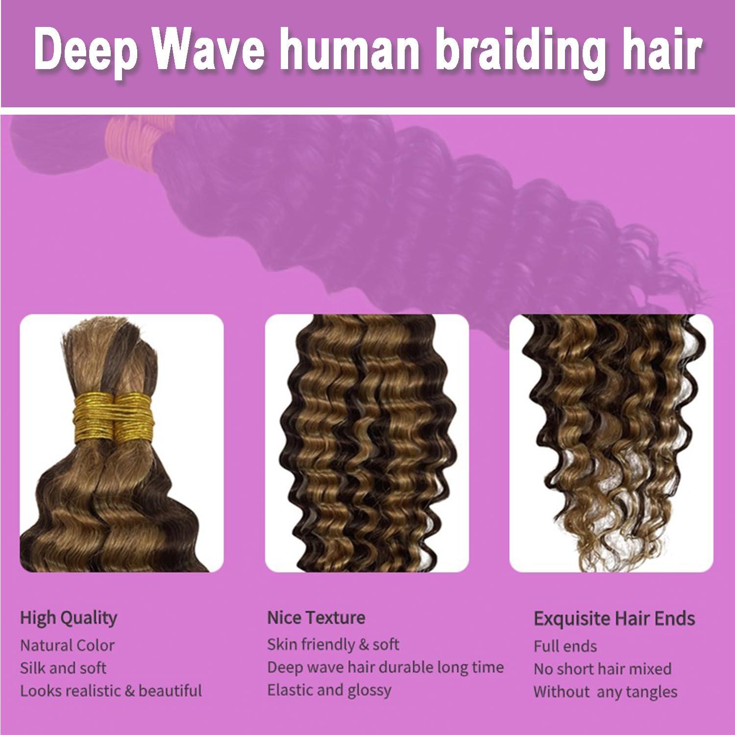 ONICE Human Braiding Hair For Boho Braids Deep Wave Bulk Human Hair for Braiding Wet And Wavy Human Braiding Hair Extensions No Weft 100% Brazilian Virgin Curly Human Braiding Hair (24 Inch, 4/27)