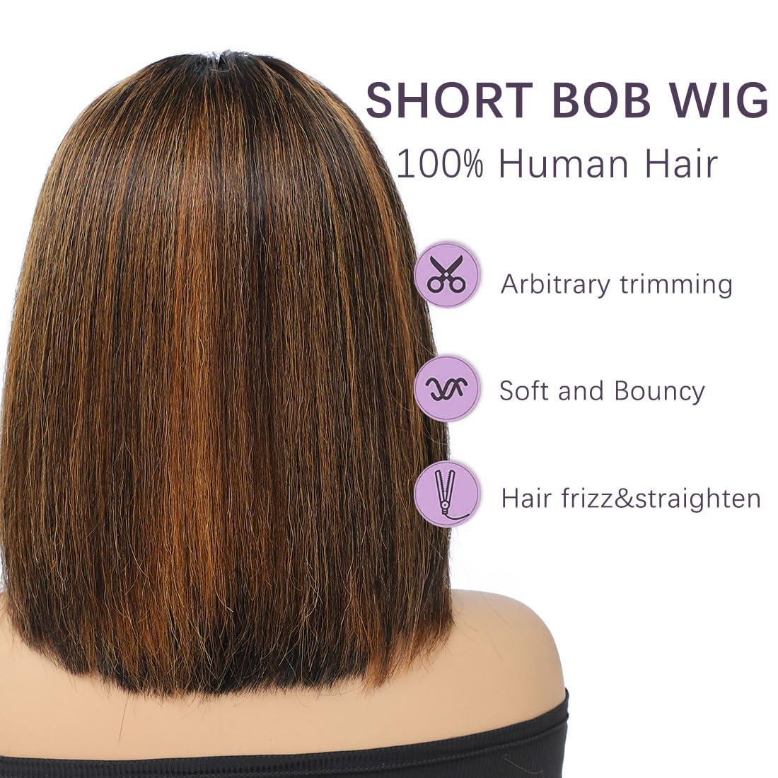 CLIONE Short Bob Wig with Bangs Human Hair 8 Inch Highlight Brown Bob Human Hair Wig with Bangs 2.5x1 HD Lace Bob Wig Ready to Go Glueless Wigs 100% Human Hair Wigs for Black Women Layered Cut 180% Density