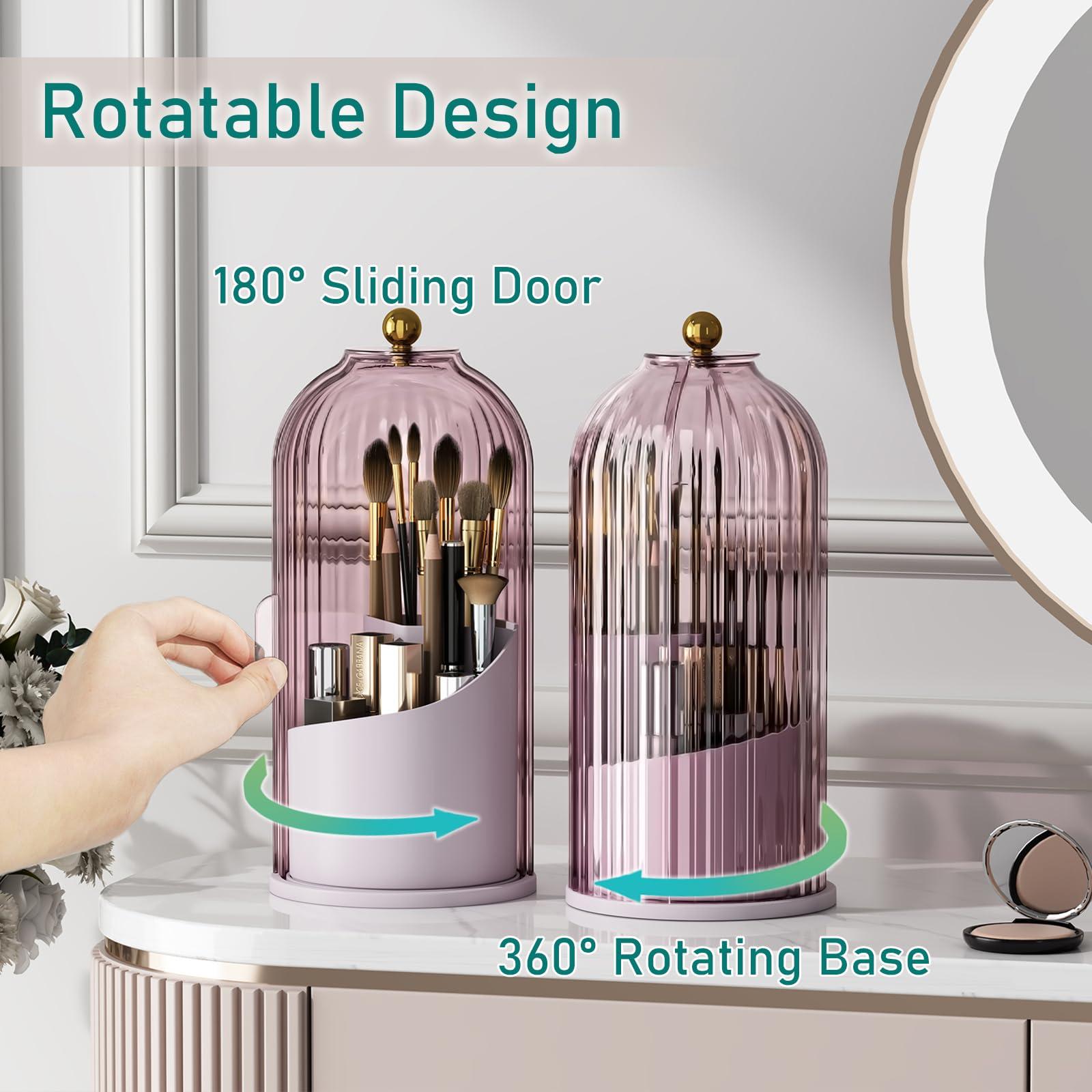 GAXmi GAXmi Makeup Brush Holder with Lid Cosmetic Tools Organizer 360 Rotating Waterproof Dustproof Makeup Brushes Storage for Vanity, Pink-Purple