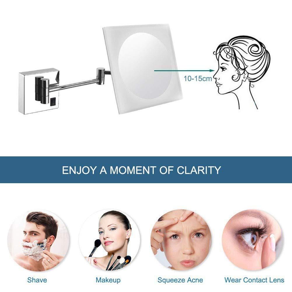 ZADIKO ZADIKO Wall Mounted Makeup Shaving Mirror with Adjustable Extendable Square 8inch 3X Magnification Surface Chrome Finish UK Plug