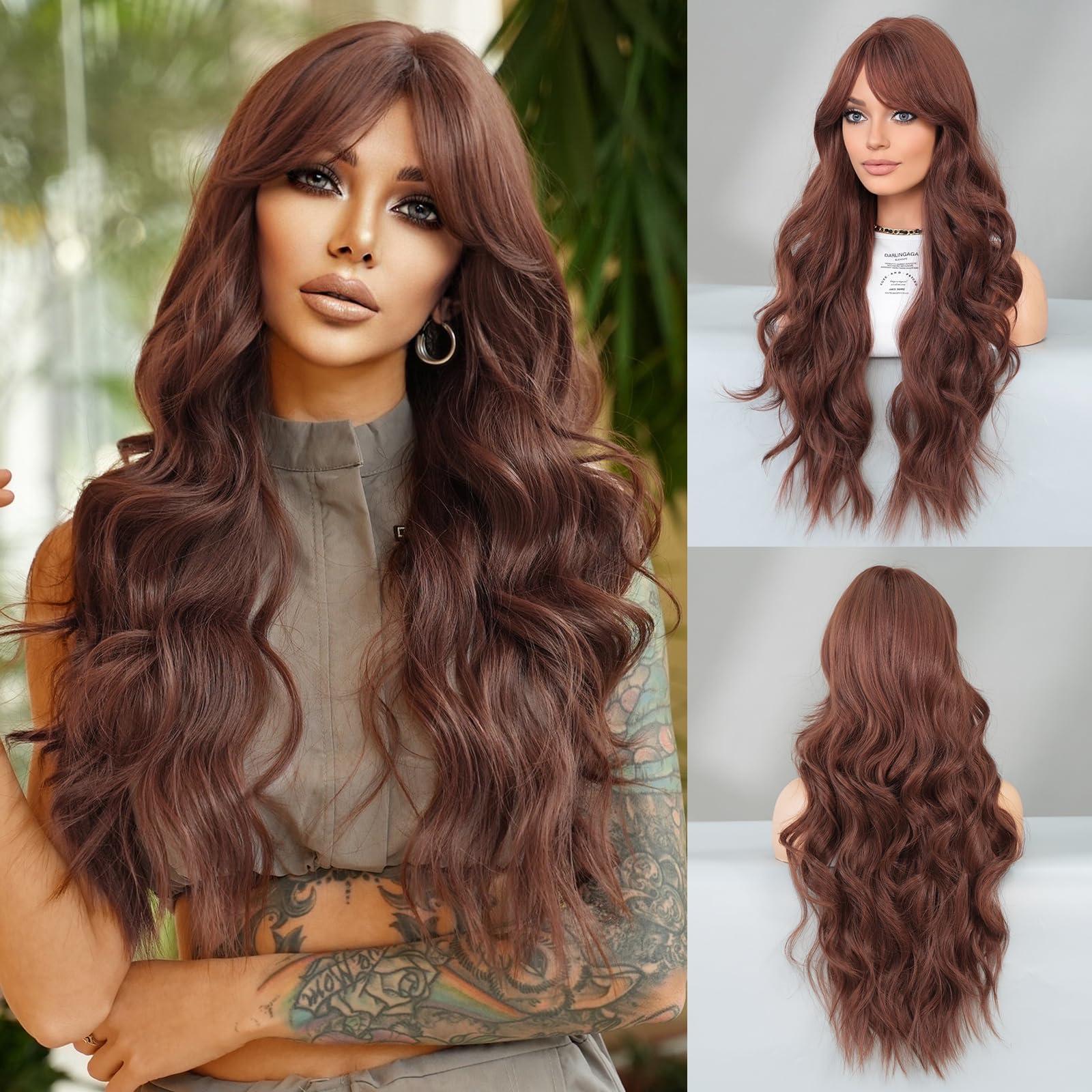 PARK YUN PARK YUN Long Wavy Reddish Brown Wigs With Bangs 28 Inch Chocolate Brown Side Part Curtain Bangs Heat Resistant Synthetic Wig Natural Looking Wigs for Women Daily Party Use