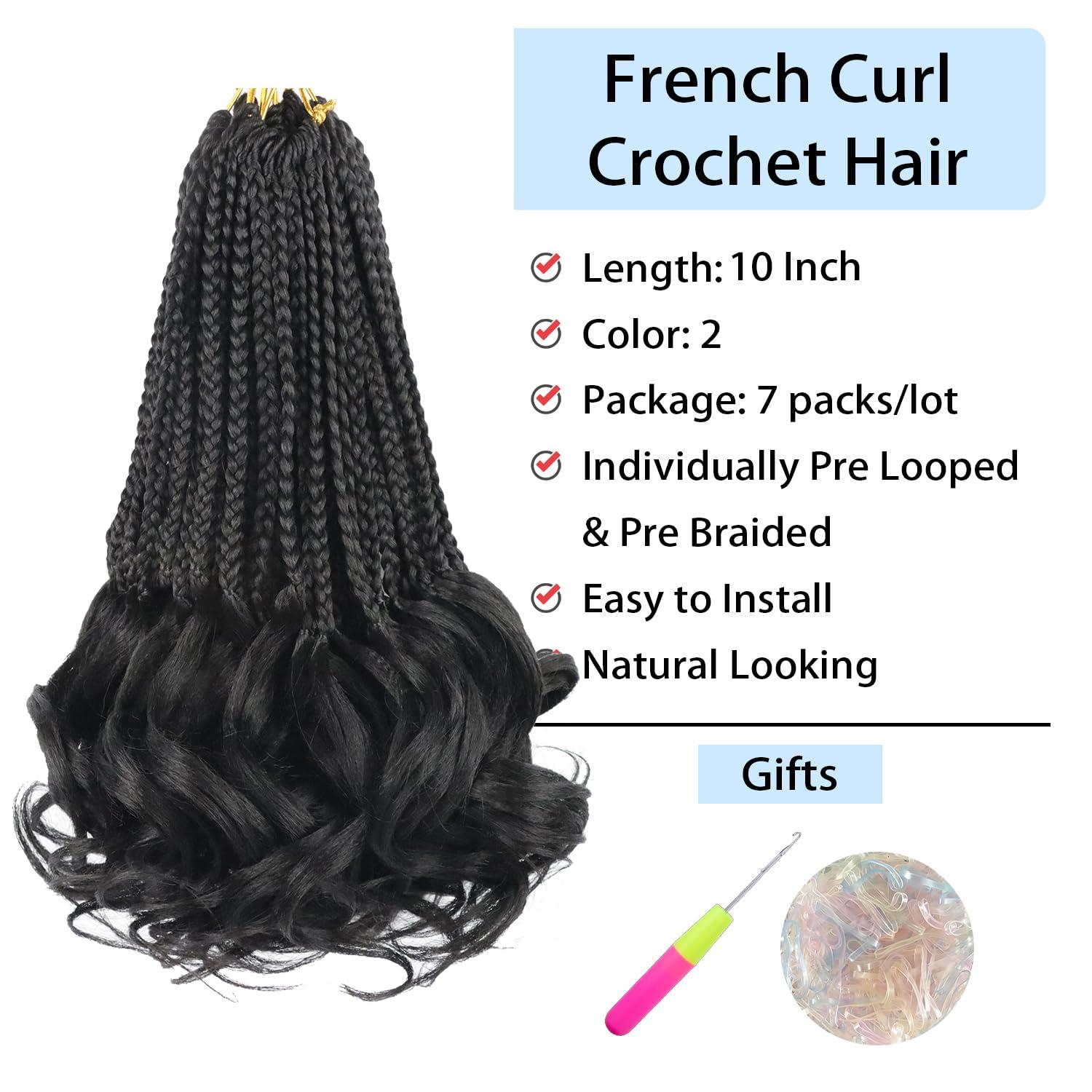kaluli French Curl Braiding Hair Color 2 French Curl Crochet Braids Short 10 Inch Pre Looped Box Braids Crochet Hair for Women Crochet Box Braids Curly Braiding Hair Extensions(7 Packs,2#)