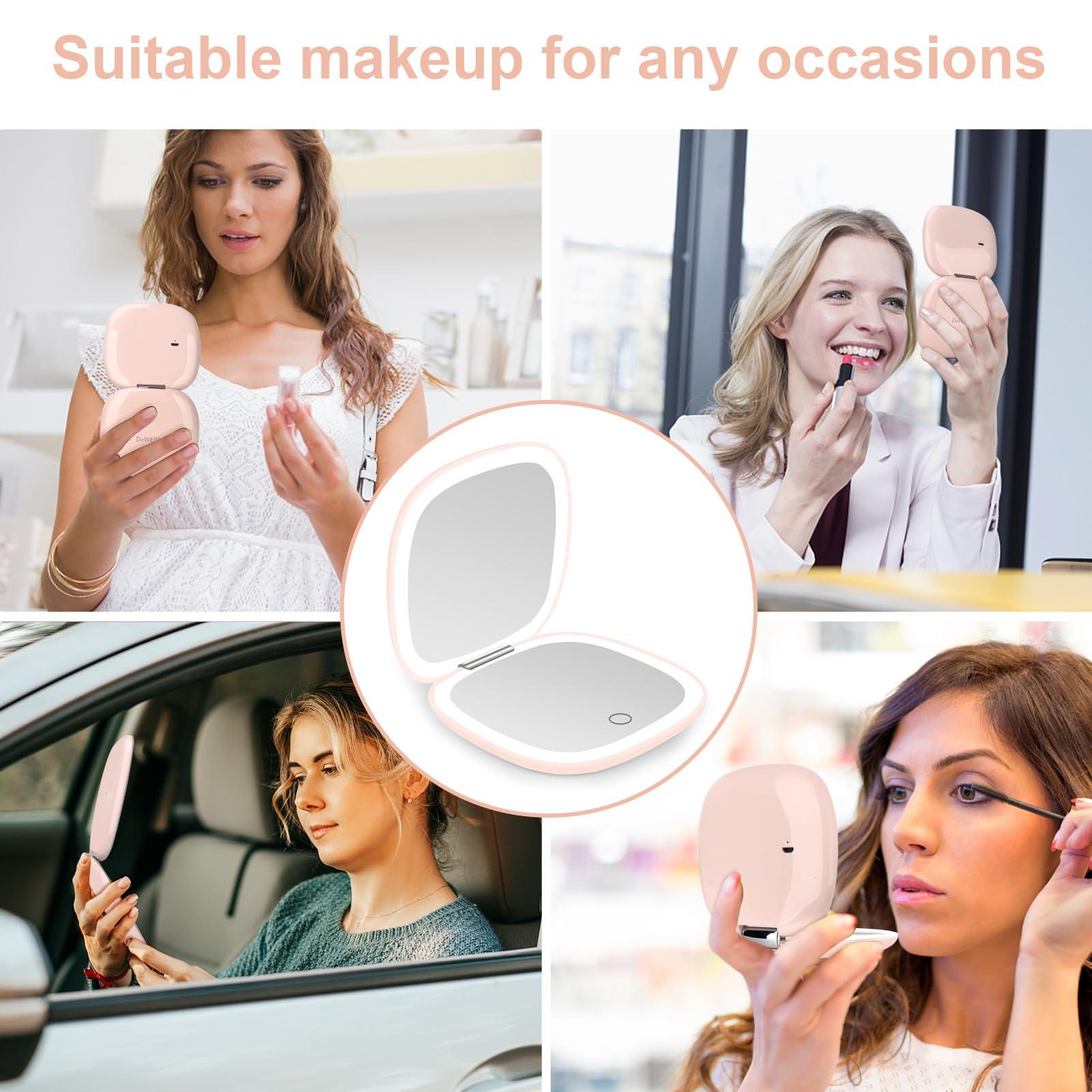 deweisn deweisn Compact Mirror, Lighted Travel Makeup Mirror with 1X/10X Magnifying Double Sided Dimmable Portable Pocket Mirror for Handbag and Pocket, USB Charging(Pink)