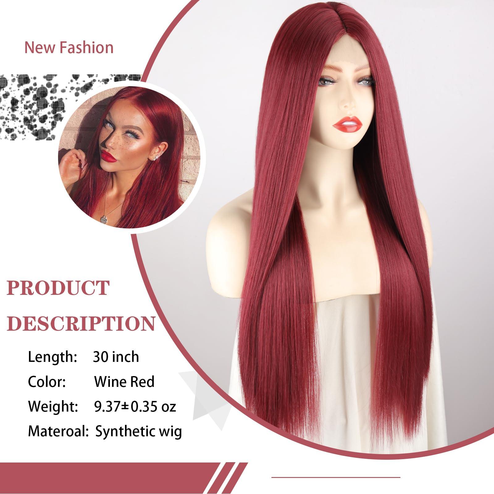 Xinran Xinran Wine Red Wigs For Women Long Straight Red Wig Middle Part Synthetic Wig Nature Looking Wine Red Wig 30 Inches for Cosplay Halloween Party
