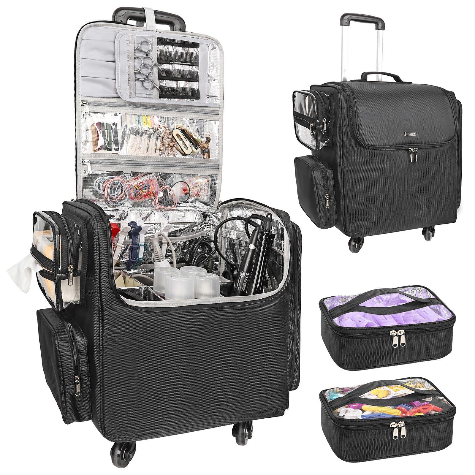Relavel Relavel Rolling Makeup Case Cosmetology Case on Wheels Hair Stylist/Hairdresser Travelling BarberBag with Four 360 Degree Spinner Wheels, Heat Insulation Lining and Adjustable Dividers