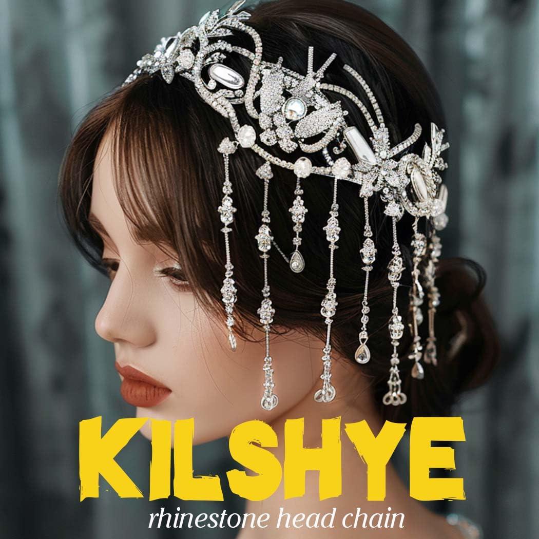 Kilshye Kilshye Rhinestone Bride Wedding Headband Silver Crystal Bridal Headpiece Forehead Head Chain for Women