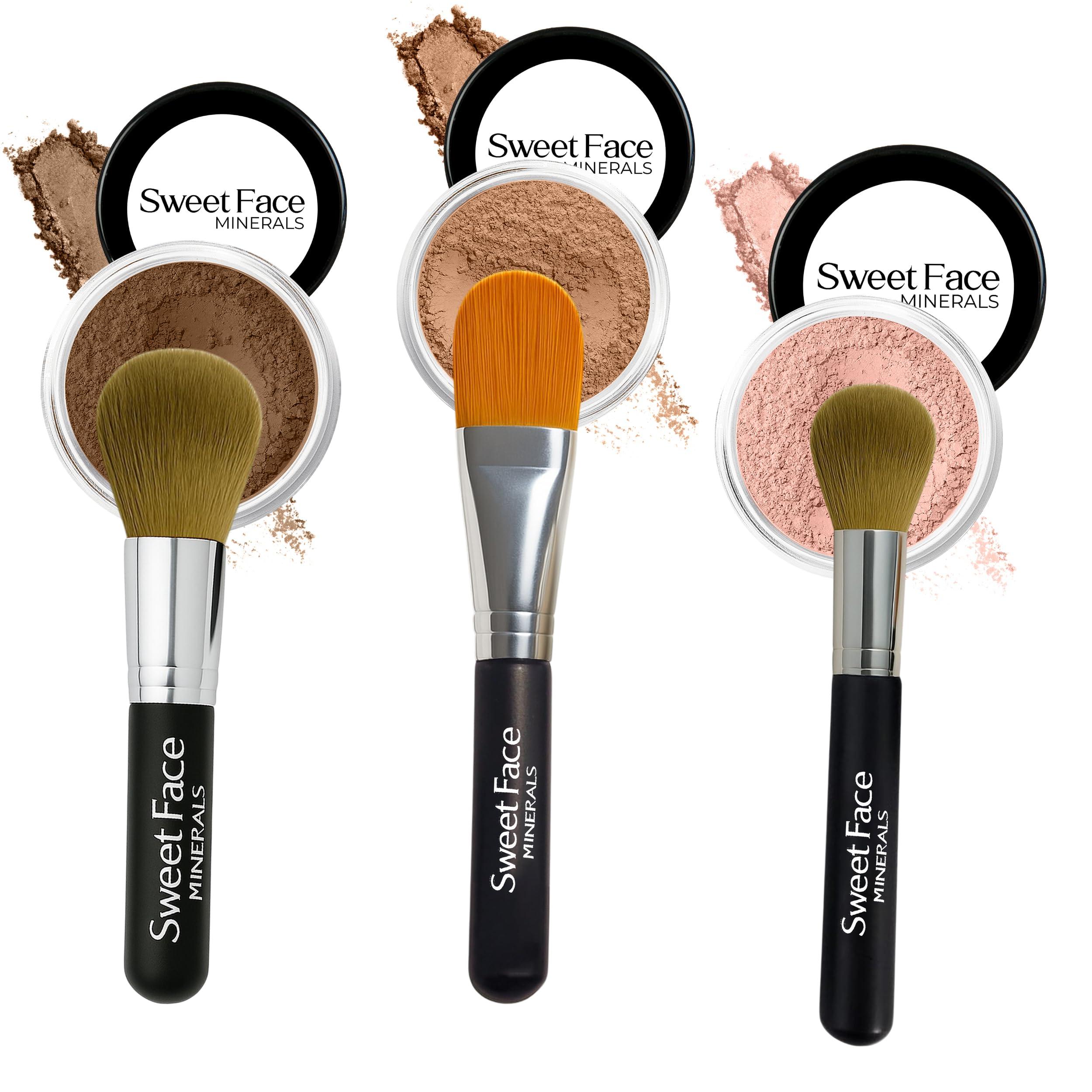 Sweet Face Minerals TRIO WITH BRUSHES (EBONY) Full Size Kit Mineral Makeup Brush Set Foundation Concealer Blush Bare Face Sheer Powder Cover