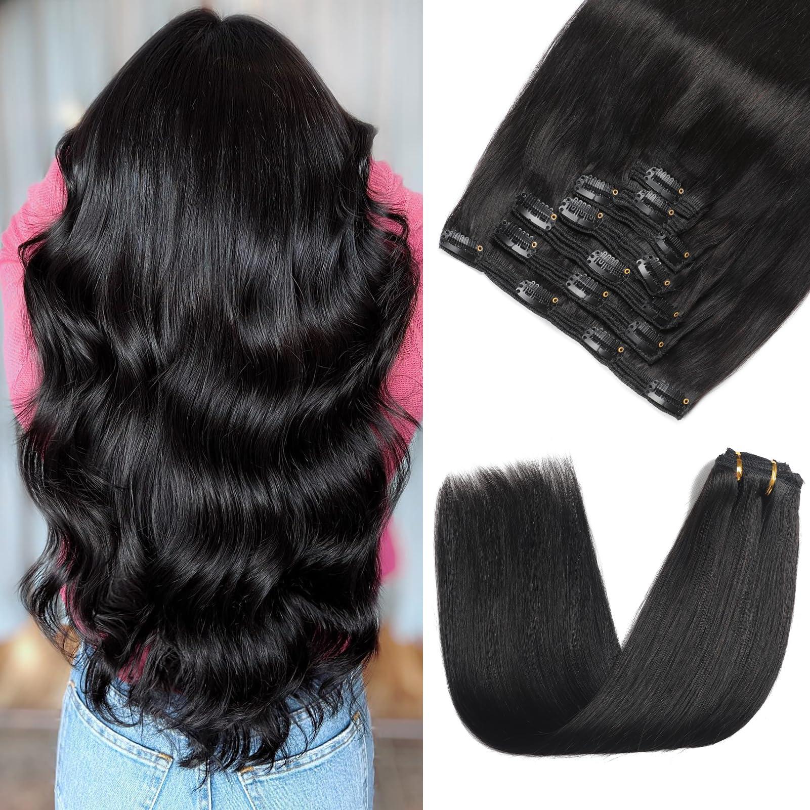 Rimoss Clip in Hair Extensions Real Human Hair 150g Soft Jet Black Straight Hair Extensions Real Human Hair Clip ins, Rimoss Premium 7pcs Remy Human Hair Clip in Extensions for Women (#1 18 Inch)