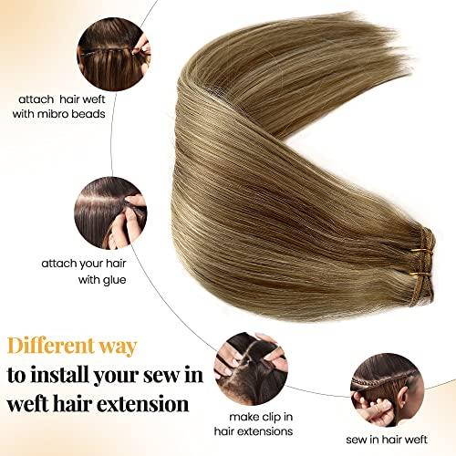 Smartinnov Sew in Hair Extensions 24 Inch 120G Ash Brown to Platinum Blonde Highlight Human Hair Hand Tied Weft Hair Extensions Ombre Blonde Highlights Brazilian Virgin Hair Double Weft Remy Hair Bundles