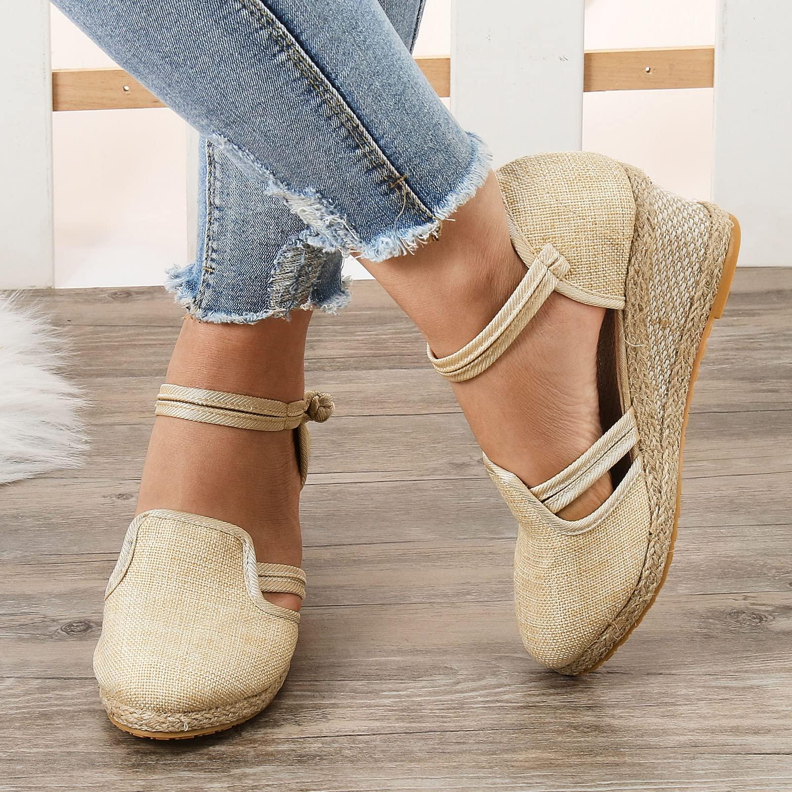 Generic Women Sandals Platform Wedge Sandals Fashion Versatile Braided Buckle Breathable Closed Toe Sandals for Women with Heel