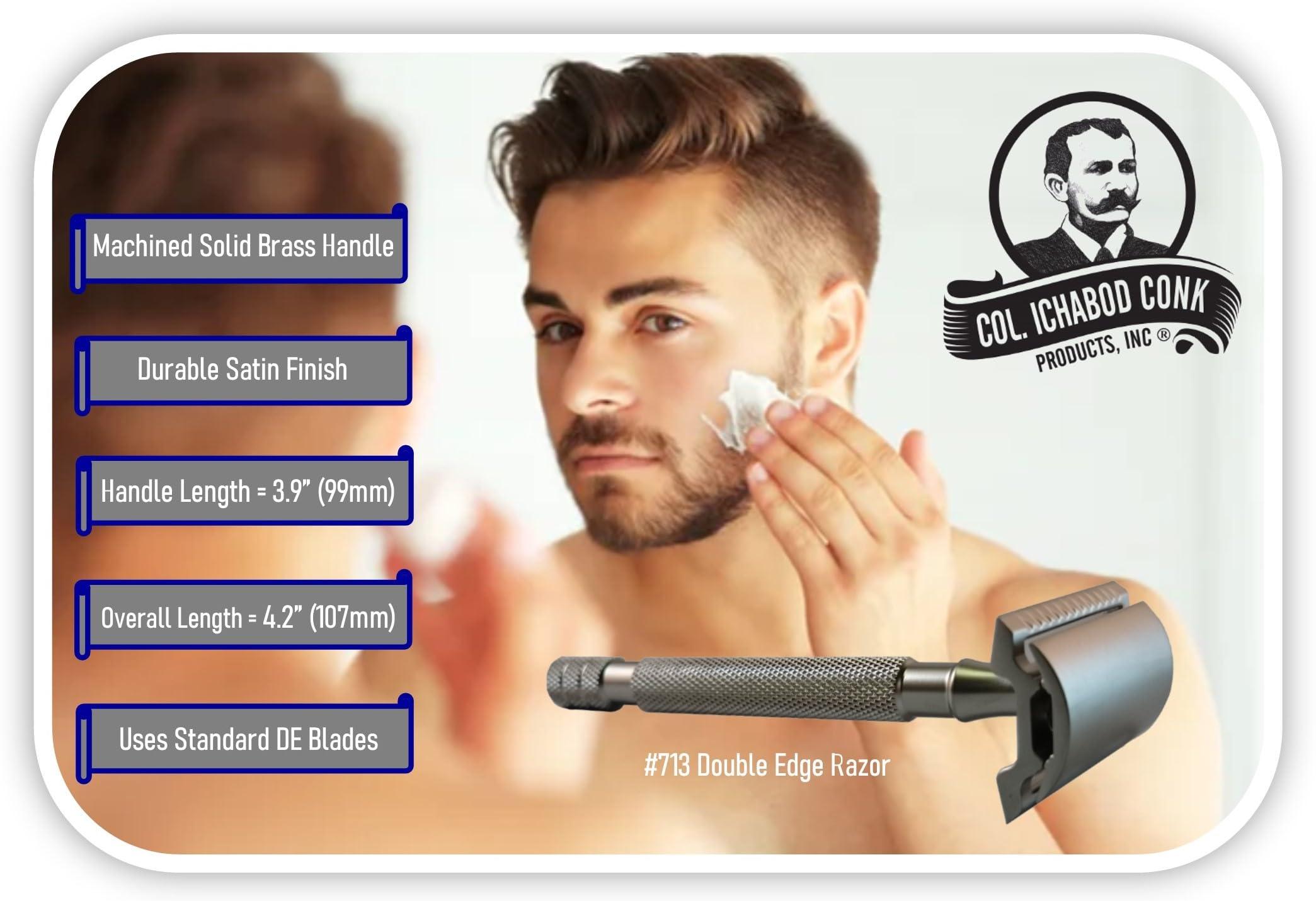 Col. Conk Products, Inc. Col. Conk Products, Inc. Model 713 "Liuetenant" 3-Piece Safety Razor with Long Handle. 69g Total Weight Gives A Close and Efficient Shave. Accepts All DE Blades