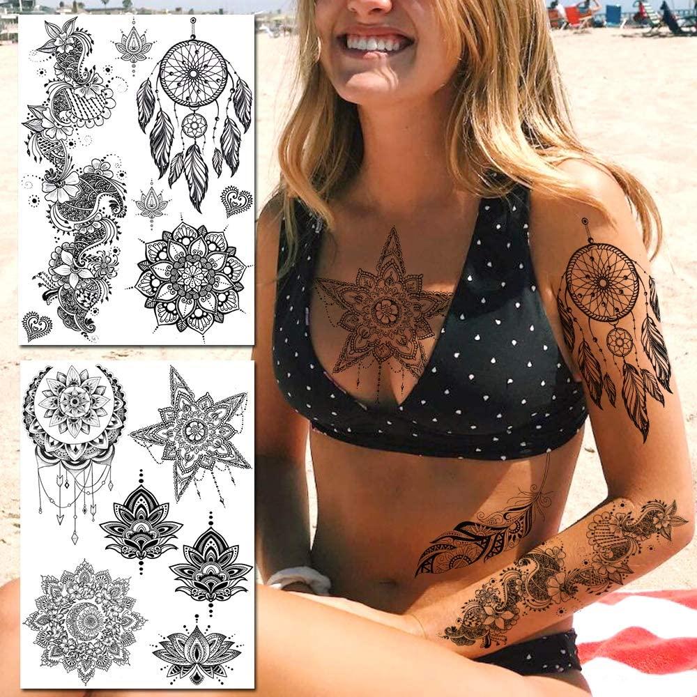 FANRUI 6 Sheets FANRUI Black Henna Temporary Tattoos For Women Lace Mehndi Mandala Flower Tatoos Ink Large Waterproof Lotus Fake Jewelry Pendant Butterfly Tattoo Stickers Kit Wedding Dreamcatcher Feather