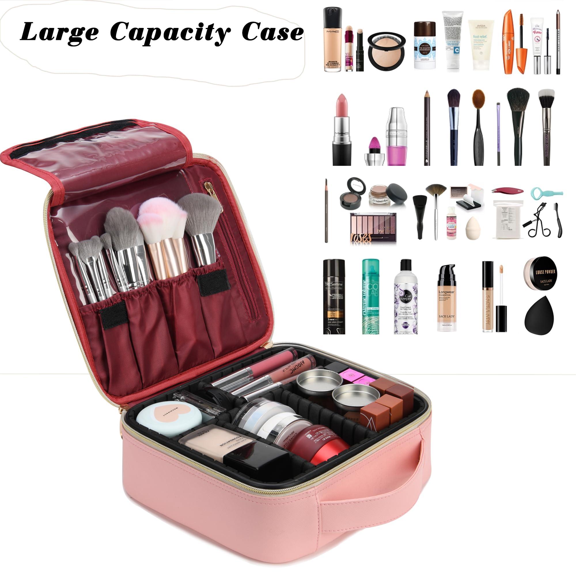 BAGNN Initials Travel Makeup Case Birthday Mothers Day Gifts for Women, Personalized Makeup Cosmetic Train Case Organizer with Adjustable Dividers, Makeup Organizer Bag for Make up Brushes, Pink, Q.