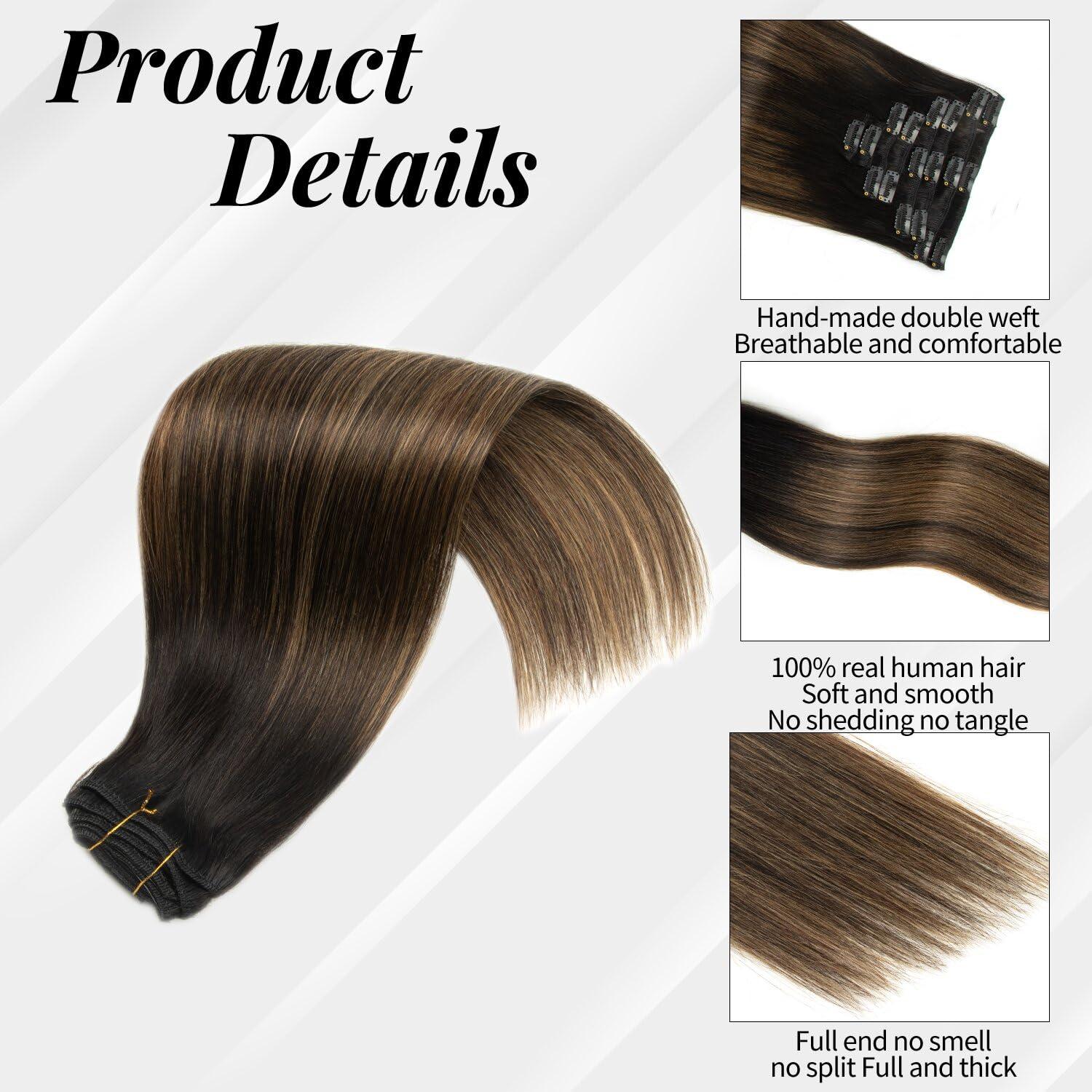 Houlud Highlight Clip in Hair Extensions Real Human Hair 14 Inch 7pcs 120g Brown Black Remy Human Hair Extensions 16 Clips Ins Seamless Double Weft Straight Human Hair Clip In Hair Extensions for Woman