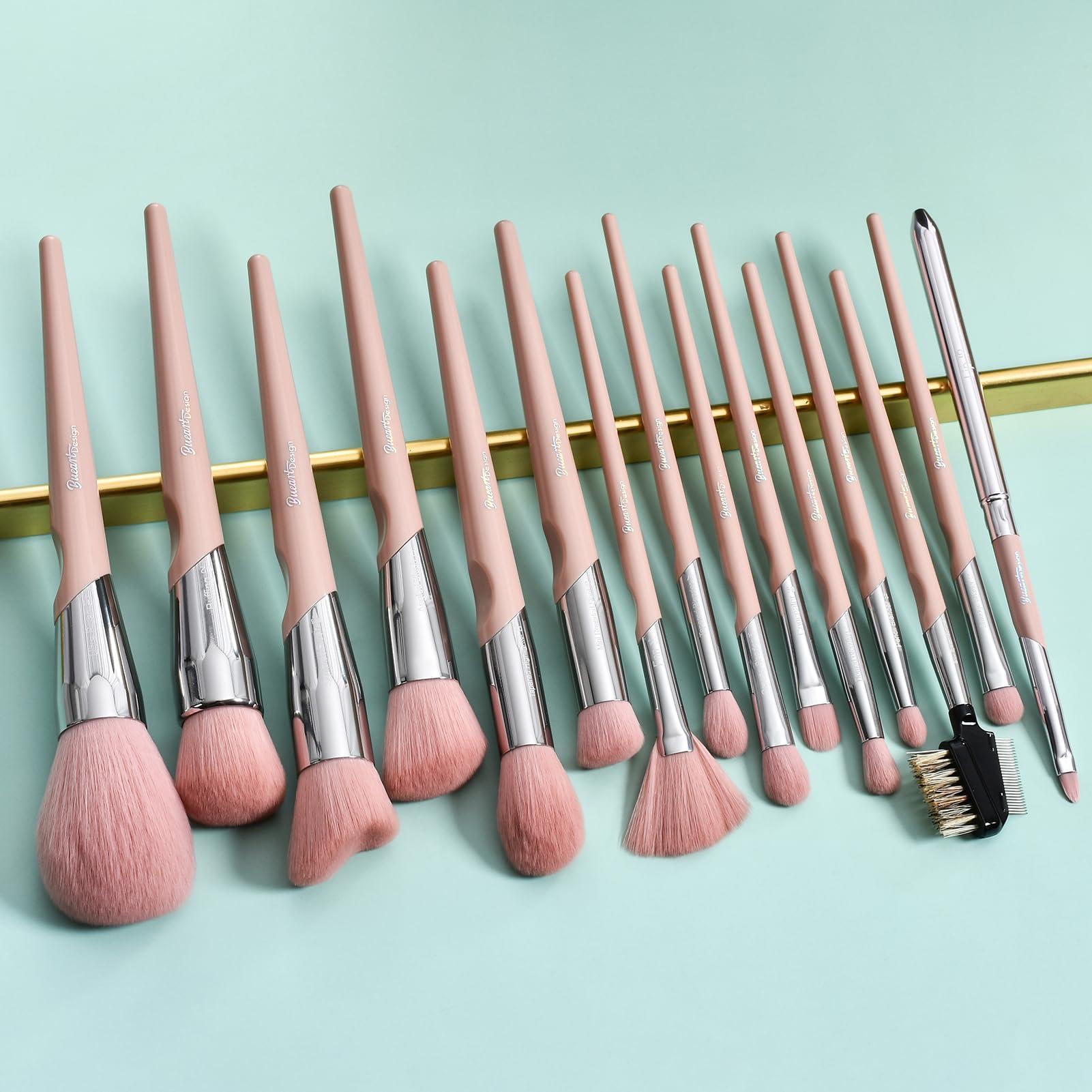 Bueart Design Bueart design 16Pcs ULTRA SOFT Labeled Best Makeup Brushes set with Travel Holder case face Contour Foundation brushes (16Pcs Elegant+Pink Holder)