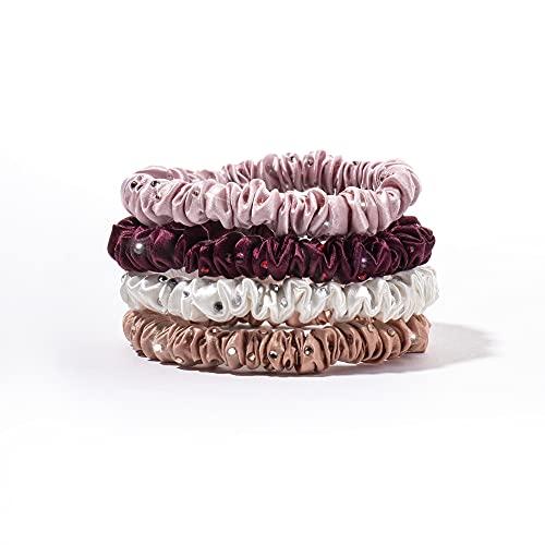 SLIP Slip Silk Crystal Skinnie Scrunchies in Manhattan Nights - 100% Pure 22 Momme Mulberry Silk Scrunchies for Women - Hair-Friendly Silk Scrunchies - Luxurious Elastic Hair Scrunchie Set (4 Scrunchies)