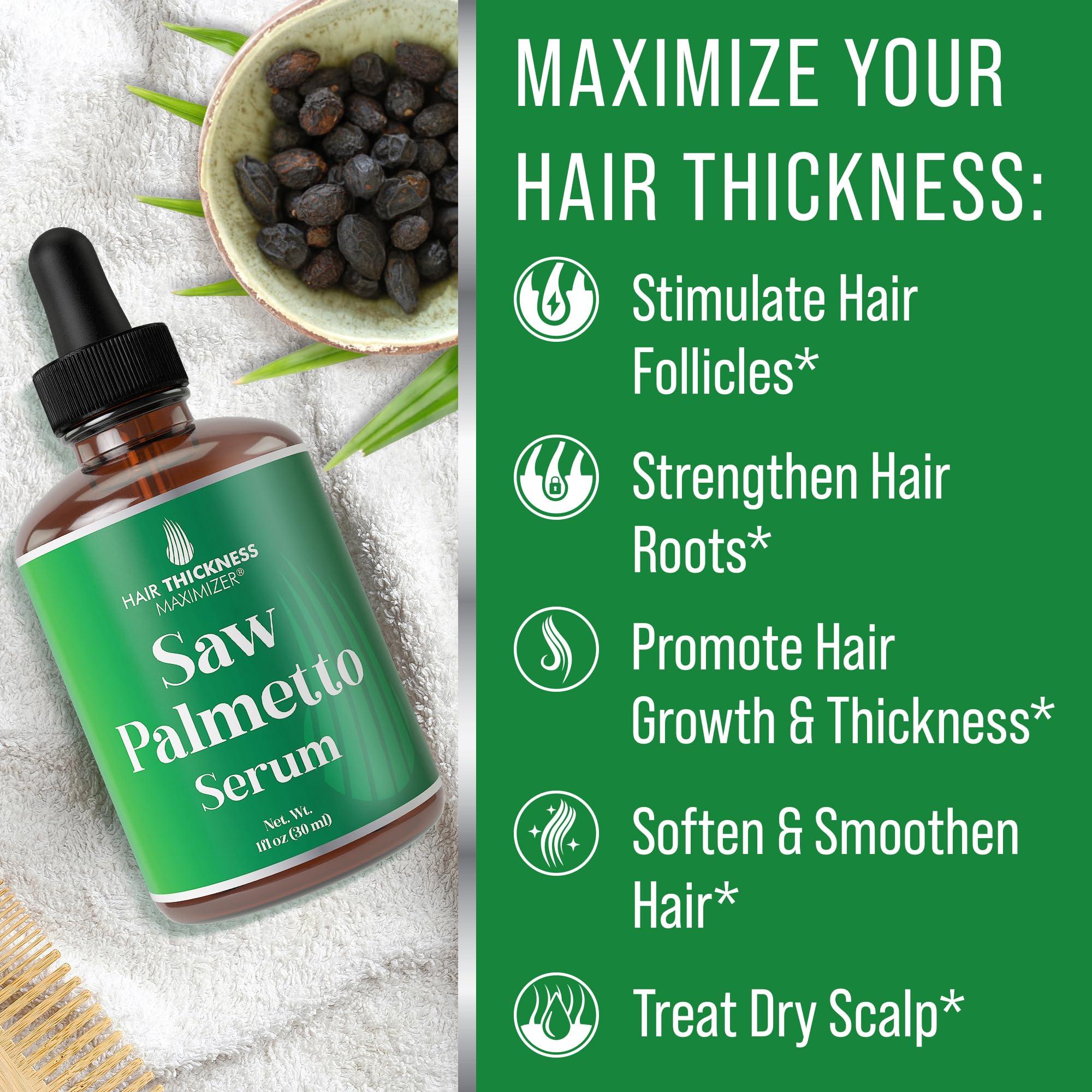 Hair Thickness Maximizer Saw Palmetto Serum for Hair Growth: Rosemary, Peppermint, Pumpkin Seed Oils. Vegan Thickening, Moisturizing, Strengthening Treatment for Women, Men - Weak, Dry, Frizzy Hair - 1oz