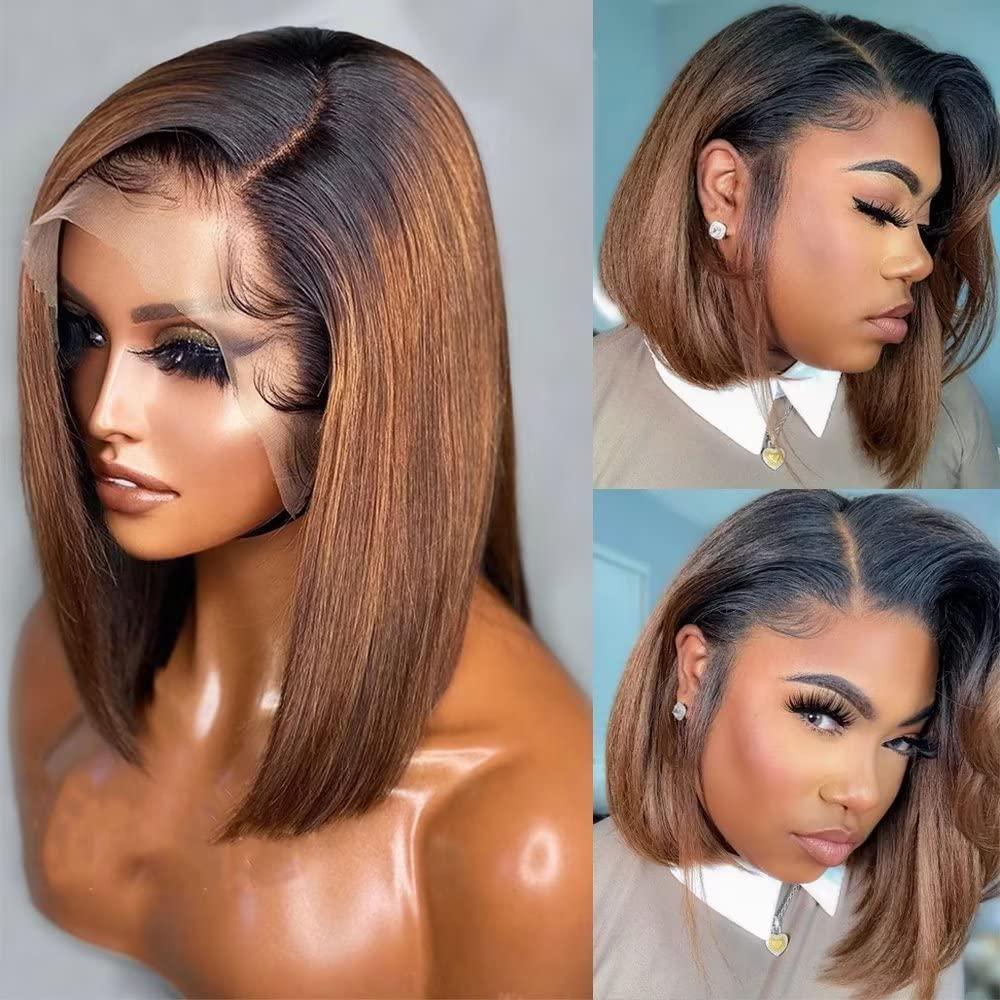 Imeya Imeya 1b/30 Brown Ombre Wig Short Bob Wig Human Hair Ombre Lace Front Wig For Black Women Middle Part Bob Wig HD Lace Front Wigs Pre Plucked 150% Density Glueless Lace Wig With Dark Roots 10inch ,13x6