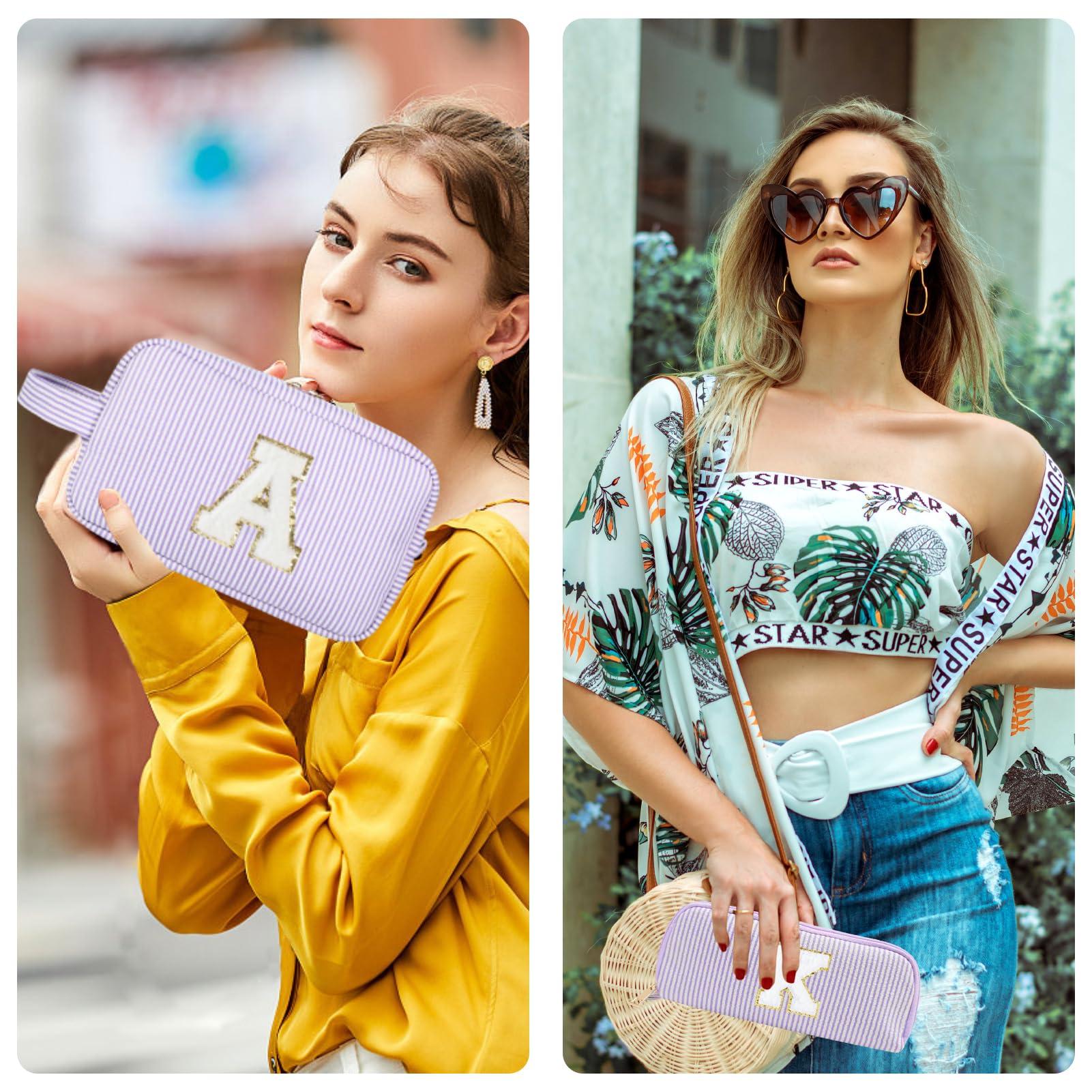 Huifen Huifen 2pcs Personalized Initial Makeup Bag A-Z, Travel Toiletry Bag Preppy Make Up Bags Girls Cute Cosmetic Pouch Makeup Organizer Wedding Birthday Mothers Day Gifts for Women (Purple, J)