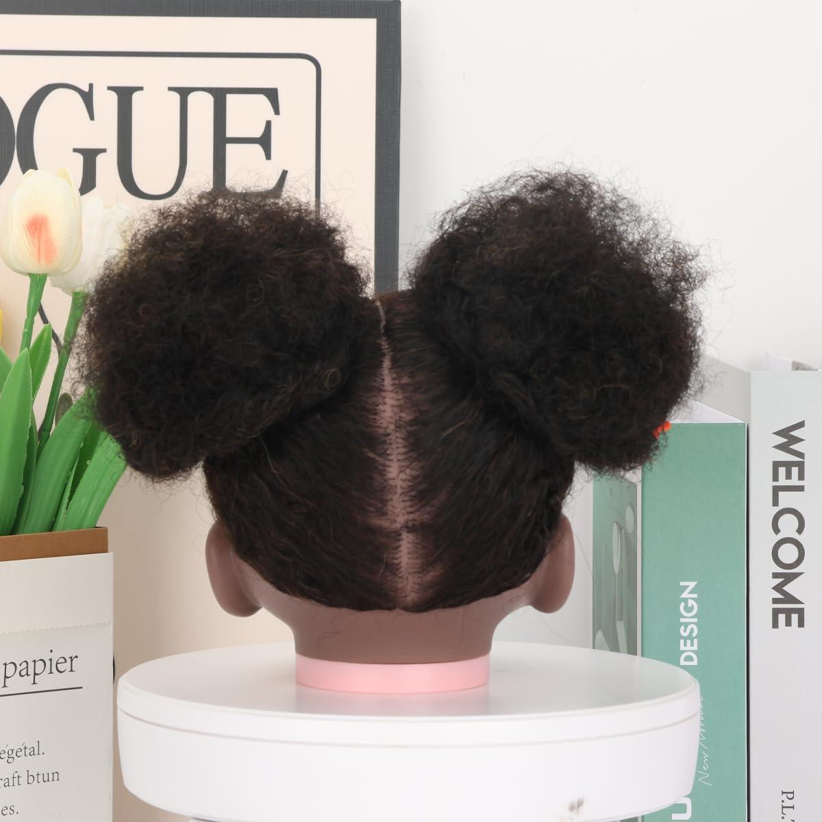 poipoilu Mannequin Head African with Hair 90% Human Hair Cosmetology Mannequin Head Doll Head for Babay and New Mom, Manikin doll to do hair for little girls and Practice Training Braiding (Afro-Black)