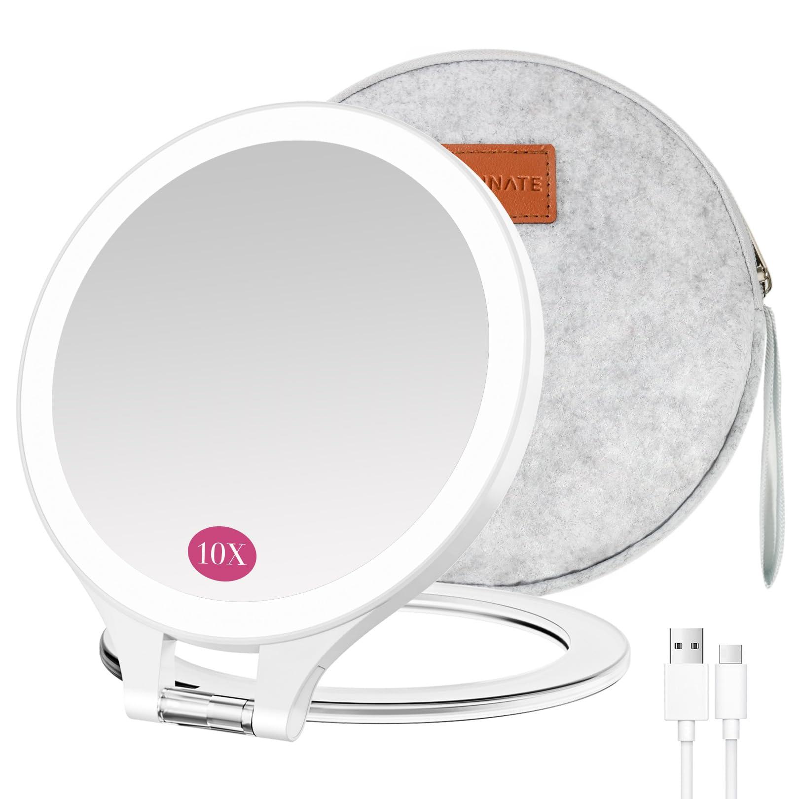FASCINATE Magnifying Mirror with Light 10X/1X, Double Sided Travel Mirror with Light, Rechargeable Makeup Mirror with 3 Color Setting Adjustable Stand Lighted Mirror Vanity Portable Desk Cosmetic Mirror