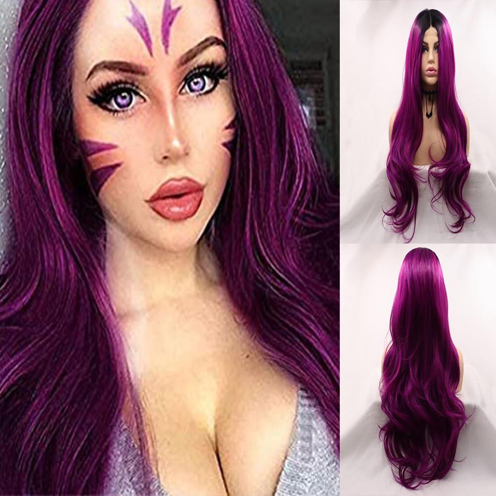 xiweiya xiweiya Long Purple Lace Front Wigs with Dark Roots Middle Part Purple Synthetic U Part Lace Front Wigs Natural Hairline Heat Resistant Hair High Density Wig for Women 26 Inch