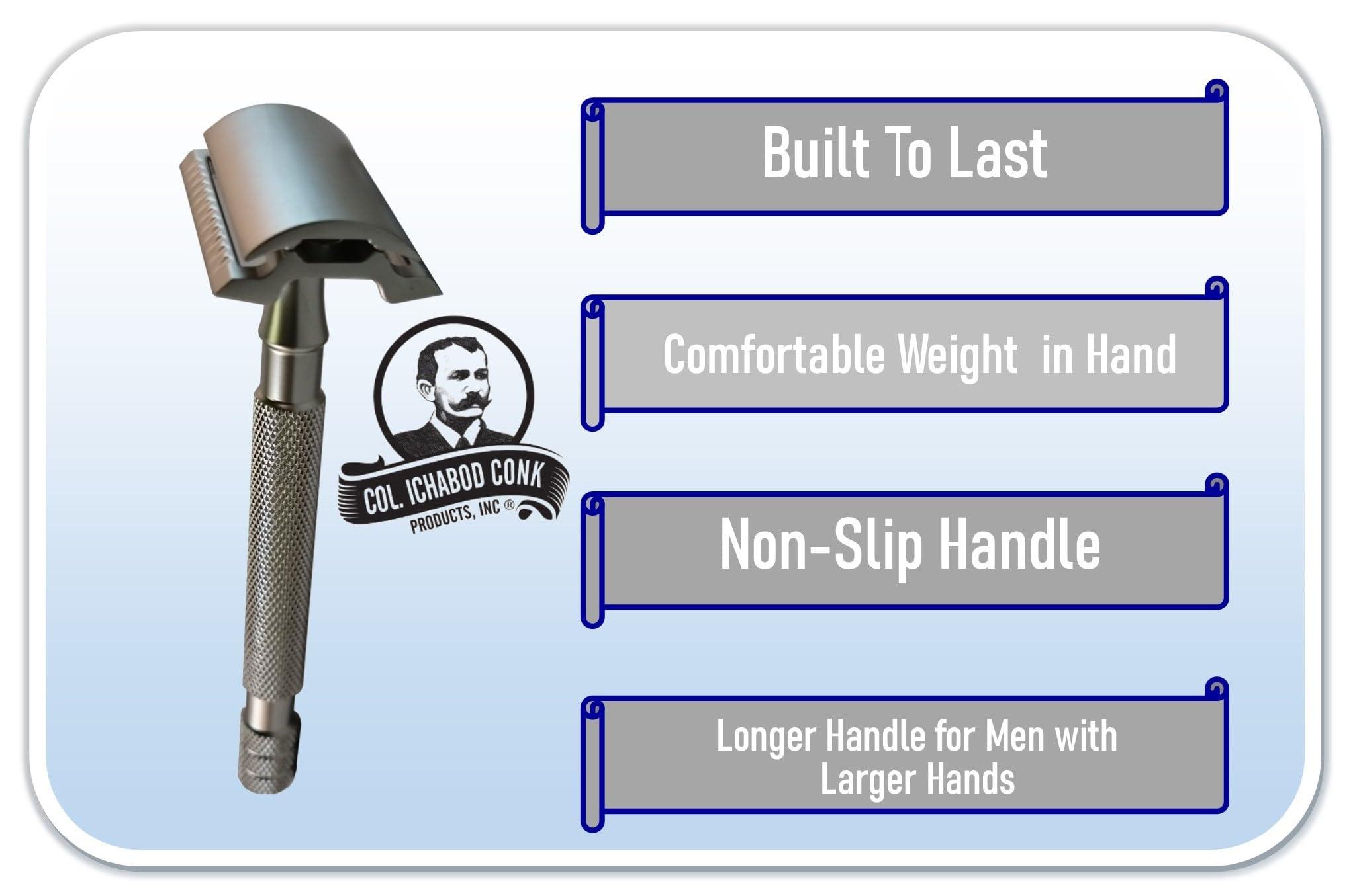 Col. Conk Products, Inc. Col. Conk Products, Inc. Model 713 "Liuetenant" 3-Piece Safety Razor with Long Handle. 69g Total Weight Gives A Close and Efficient Shave. Accepts All DE Blades