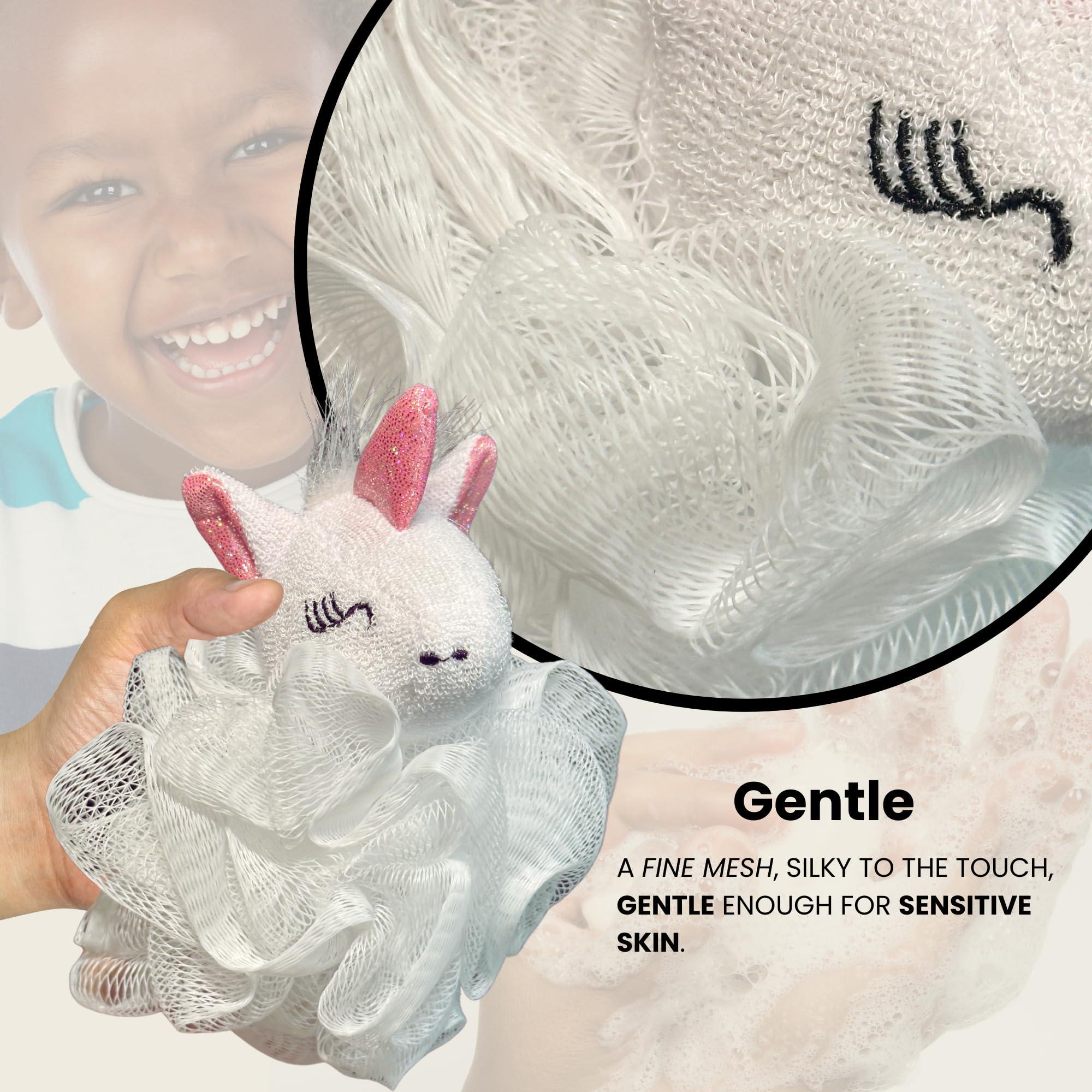 Pure Body Kids Bath Sponge Kit, White Unicorn Shaped Mesh Sponge, Facial Towel and Double Strap Bag