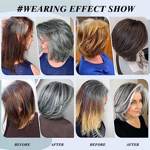 LEOSA LEOSA Short Grey Wig With Curtain Bangs BoB Layered Silver Grey Wigs for Women BOB Layered Wigs Pixie Cut Layered Wig Hair Synthetic Hair Wigs With Daily Use (Grey#)