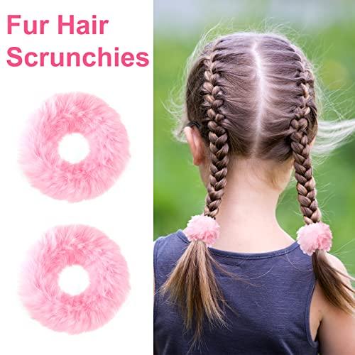 OIIKI OIIKI Pink Fuzzy Hair Scrunchies, 14pcs Furry Hair Scrunchies Furry Hair Bands with Faux Rabbit Fur, Elastic Hair Tie Ponytail Holders for Girls Women Hair Accessories