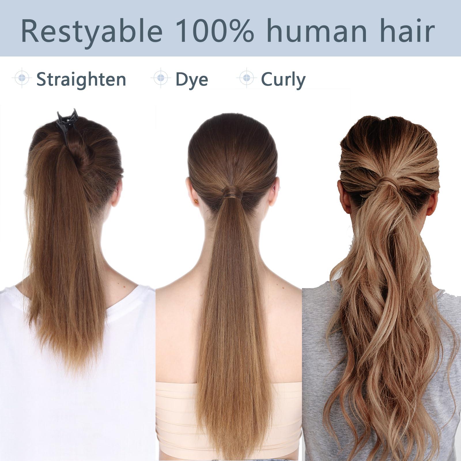 FUOTONBUTY Claw Clip Ponytail Extension 100% Real Remy Human Hairpiece Pony Tails Hair Extensions Long Straight Ponytail for Women (18 inch, Balayage Caramel Blonde to Bleach Blonde)