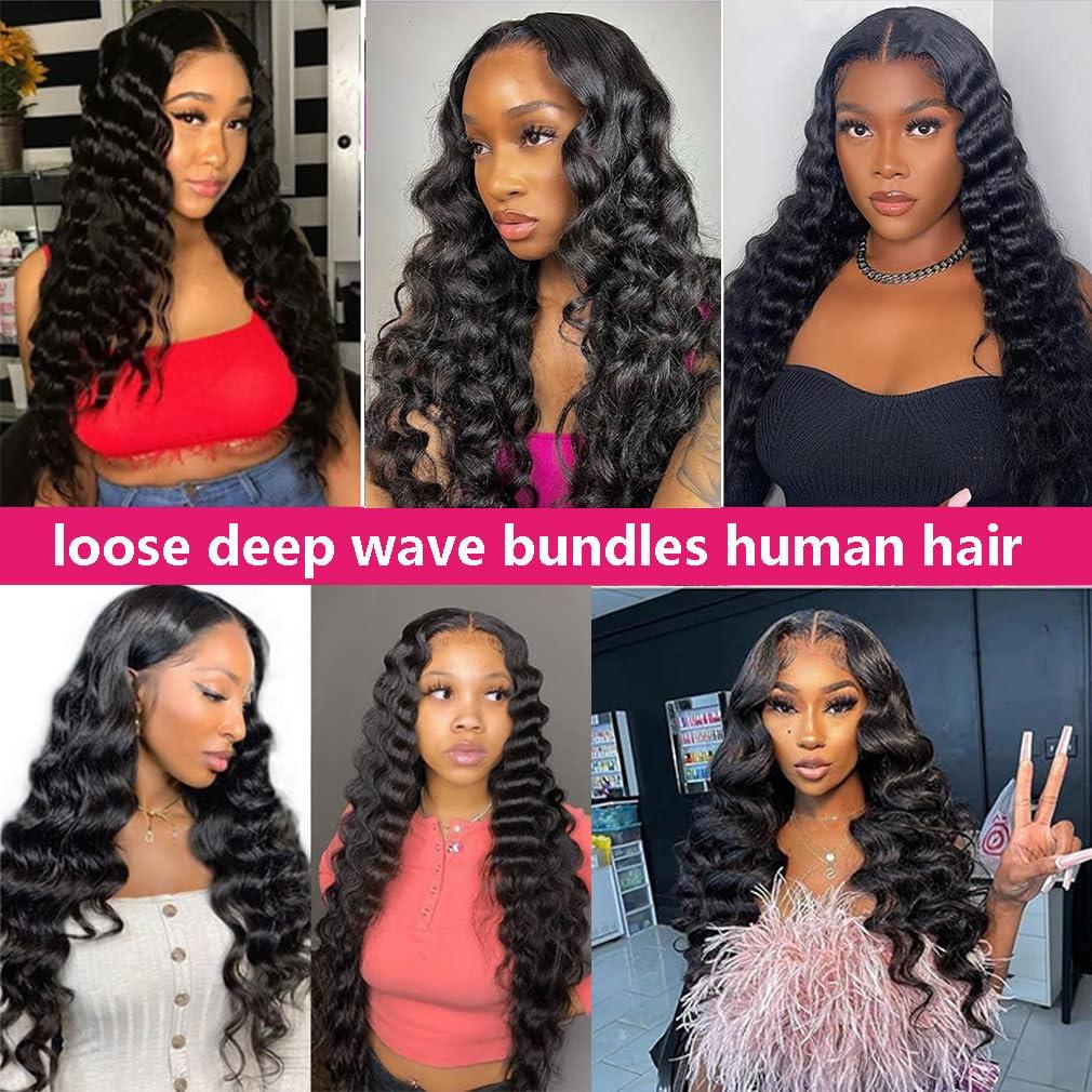 Uesoels 22 Inch Hair Bundles Loose Deep Wave Bundles 12A Raw Human Hair Bundles 100% Unprocessed Virgin Human Hair Single Bundles Natura Black Color Hair Extensions