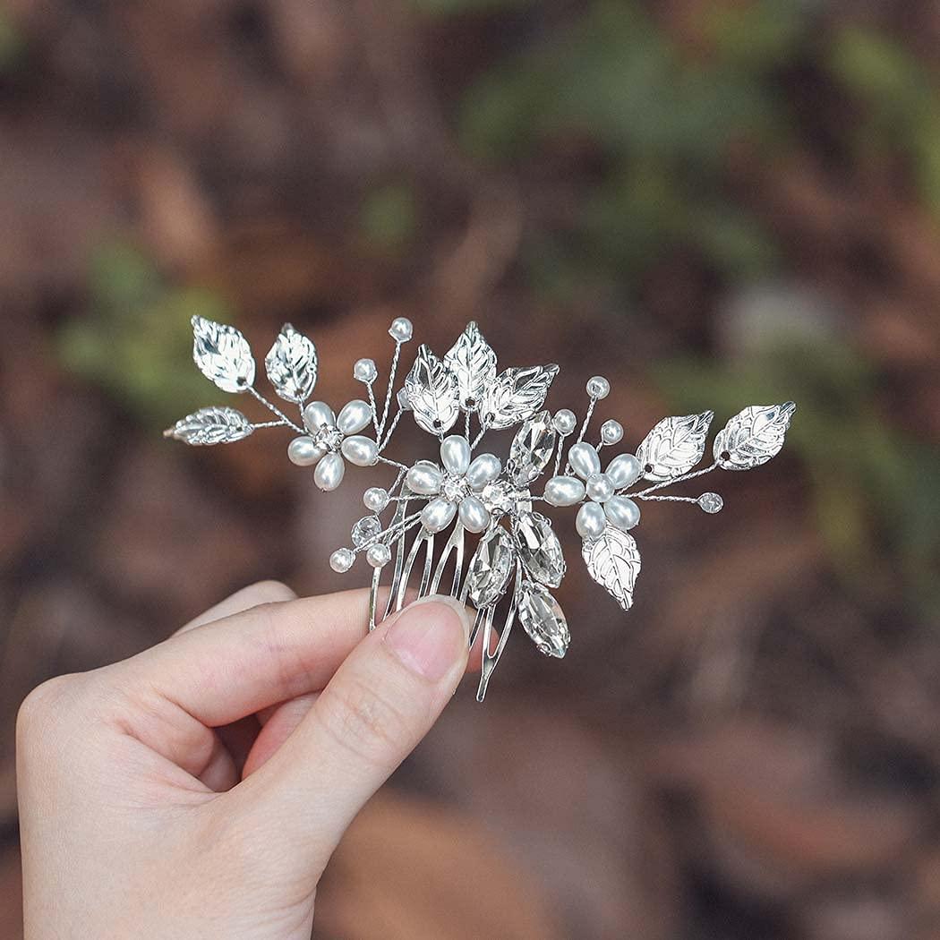 EVILD Evild Leaf Bride Wedding Hair Comb Silver Pearl Rhinestone Hair Piece Flower Crystal Bridal Hair Accessories for Women