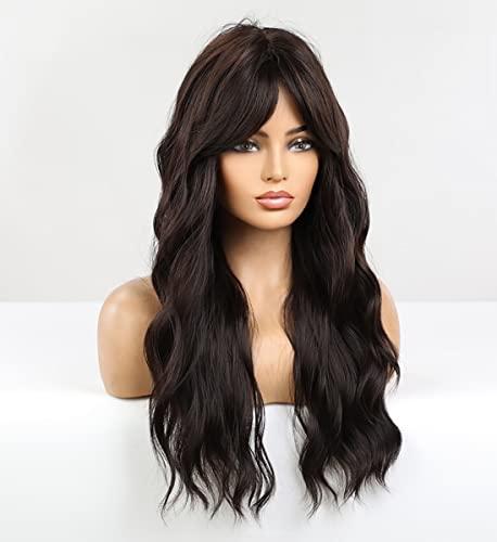 LANOVA LANOVA Dark Brown Wig with Side Bangs Synthetic Wigs for Women Chocolate Brown Long Curly Wig with Bangs 22 inch LANOVA-209