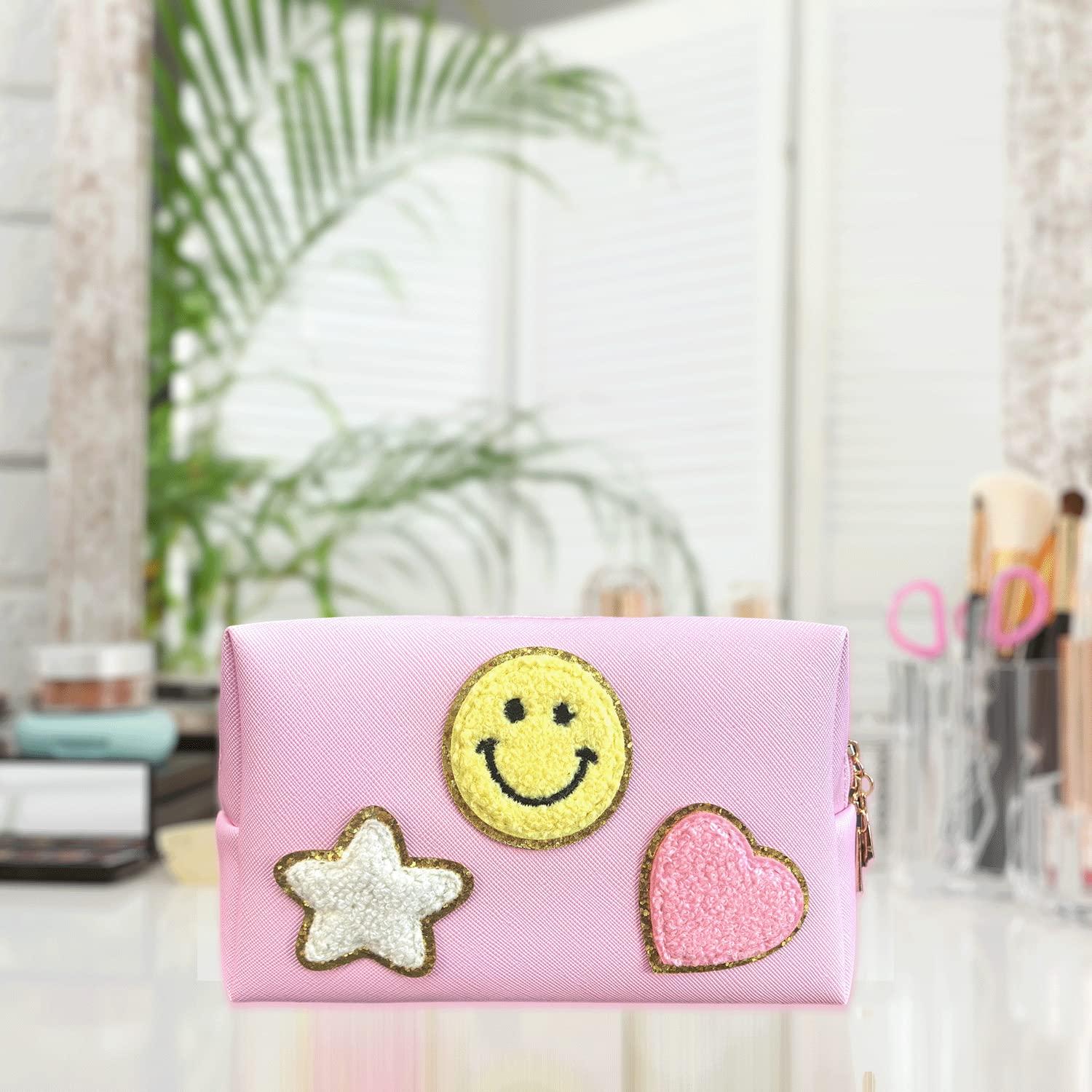 Nylea Nylea Preppy Stuff Patch Makeup Bag, PU Leather Smiley Face Makeup Bag Portable Waterproof Small Pouch, Daily Use Travel Cosmetic Pouch for Women Girls Gift (HOT PINK)