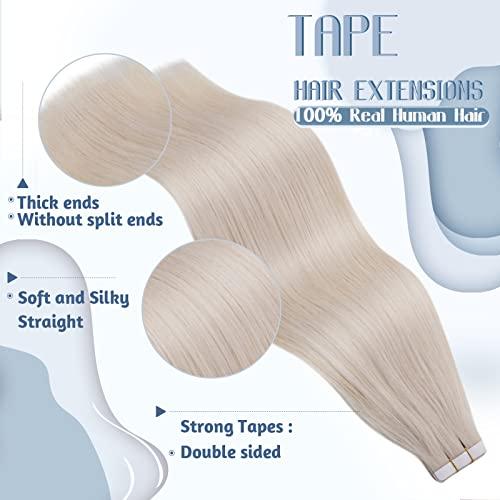 Hetto Hetto Tape in Hair Extensions Blonde Tape in Human Hair Extensions 18 Inch Pure Blonde Straight Tape on Hair Extension #60 Platinum Blonde 20Pcs 50g Skin Weft Tape