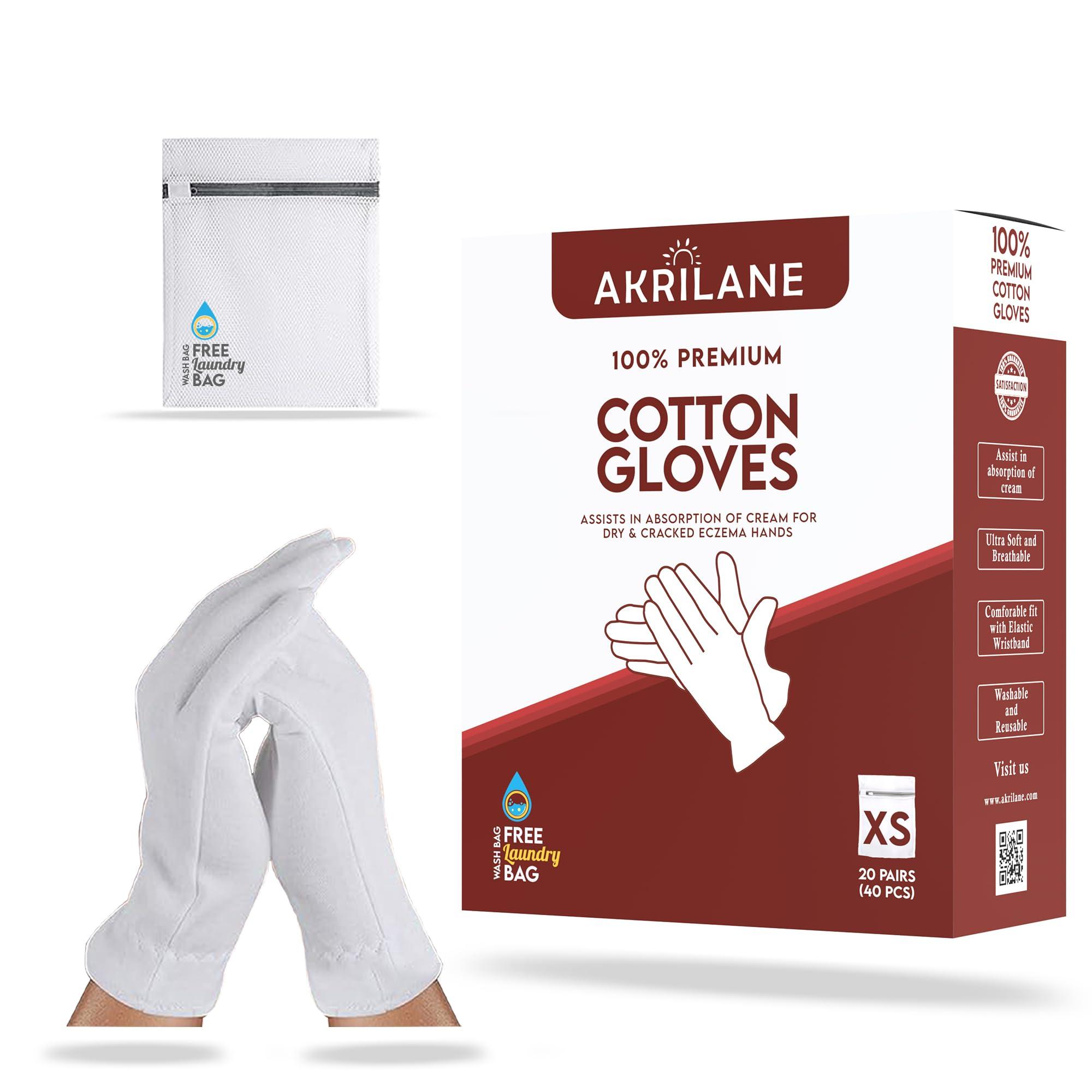AKRILANE AKRILANE 20 Pairs Cotton Gloves for Dry Hands | Moisturizing Overnight Gloves for Eczema, Psoriasis & Skin Spa Treatment for Women & Men | Washable & Reusable with Free Laundry Bag